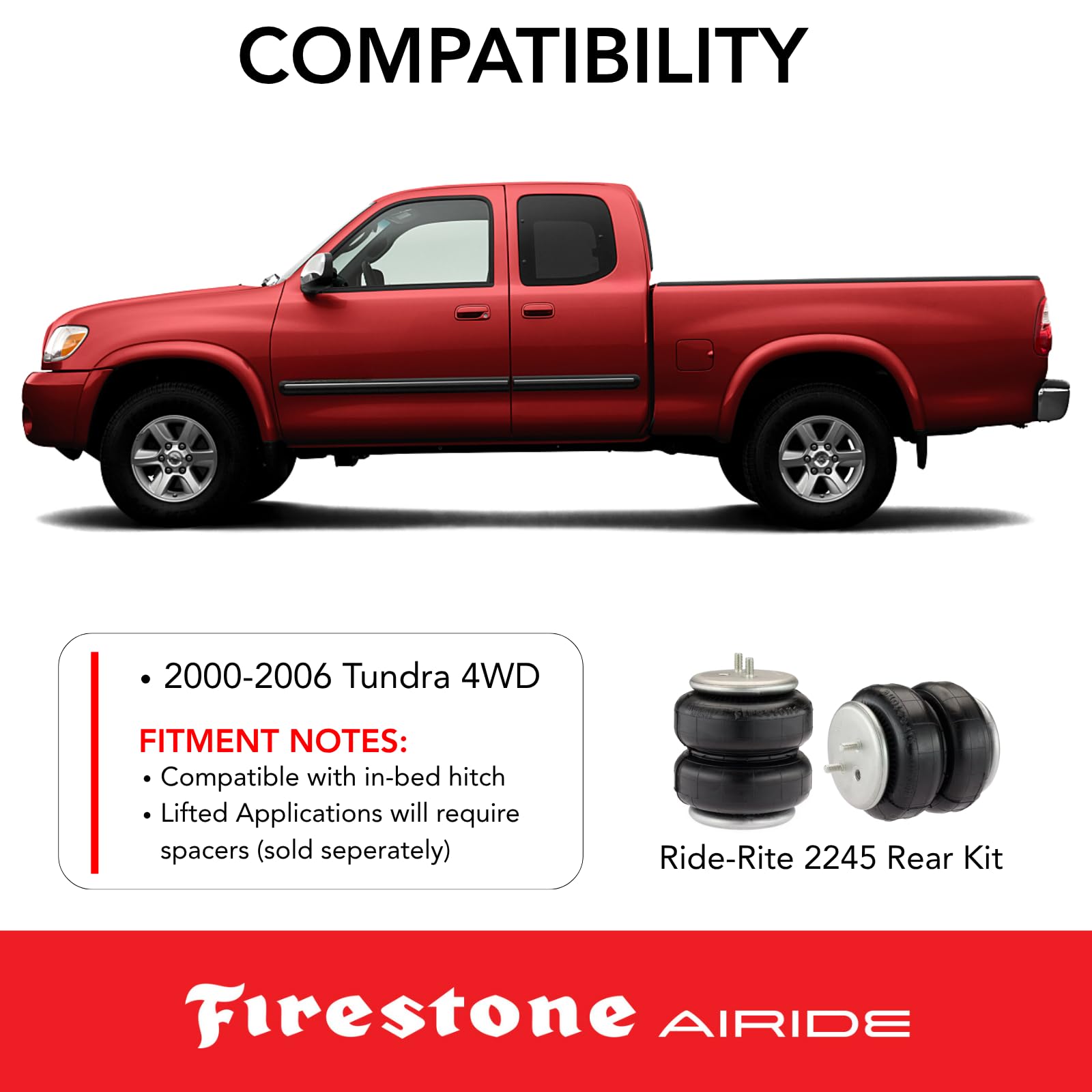 Firestone 2245 Ride-Rite Airide Rear Springs Kit fits 2000-2006 Tundra | 5-100 PSI | No Drill Installation | Load Capacity of 5,000 Pounds | Reduces Tire Wear
