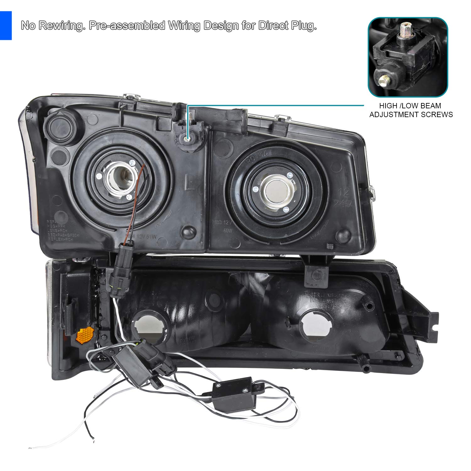 Black Headlights w/LED Light Bar SPEC-D TUNING Compatible with 2003-2007 Chevy Silverado 1500 2500 2002-2006 Avalanche, Left + Right Pair Headlamps Assembly