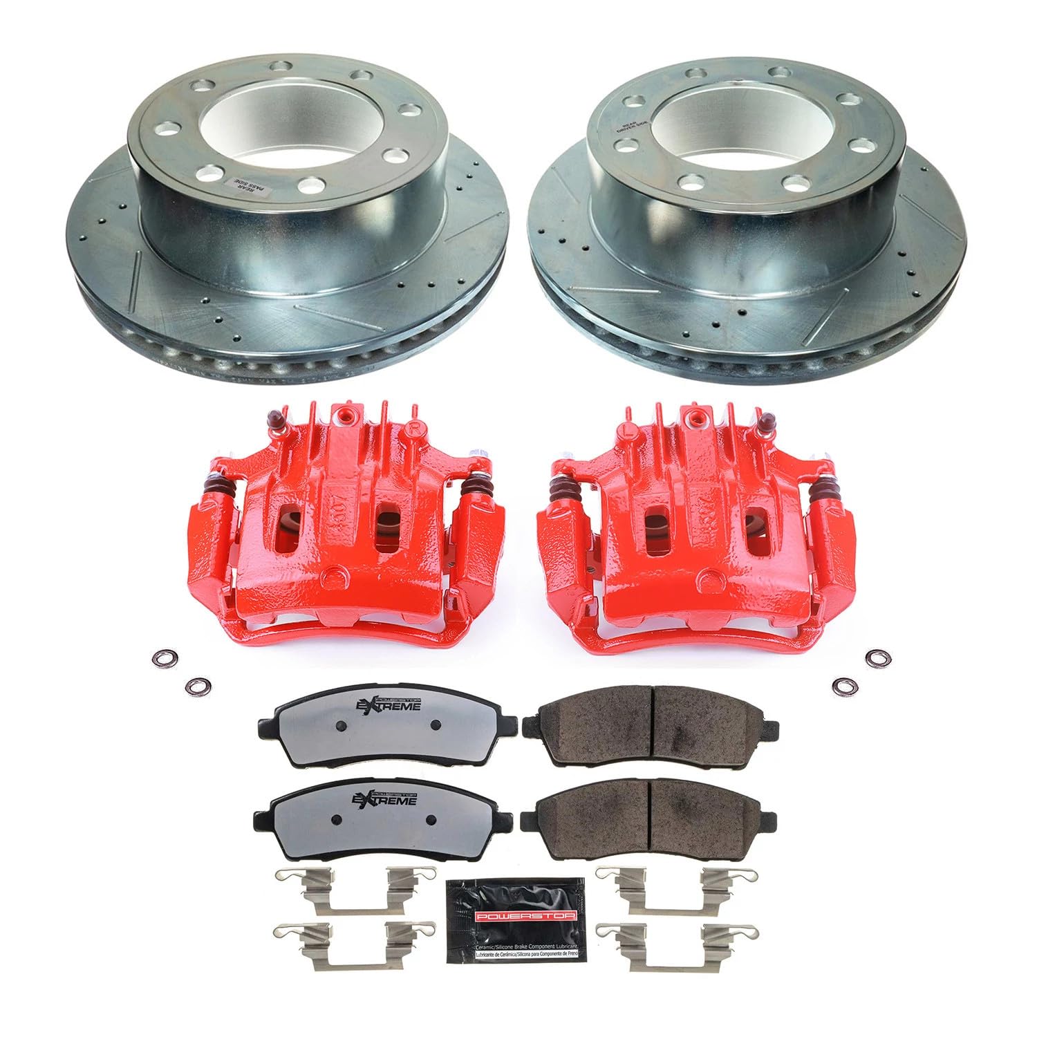 Power Stop Rear KC1890A-36 Z36 Truck and Tow Brake Pads with Calipers and Drilled and Slotted Brake Rotors Kit For Ford Excursion F-250 Super Duty F-350 Super Duty SRW