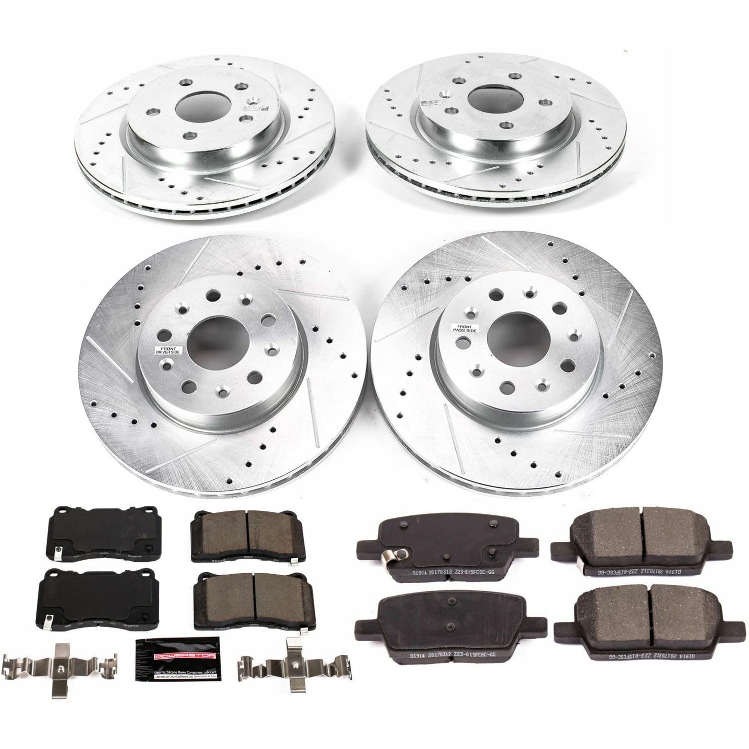 Power Stop K7908 Z23 Carbon Fiber Brake Pads Front and Rear with Drilled & Slotted Brake Rotors Kit For Cadillac CT6 2016-2019 [Model Specific]