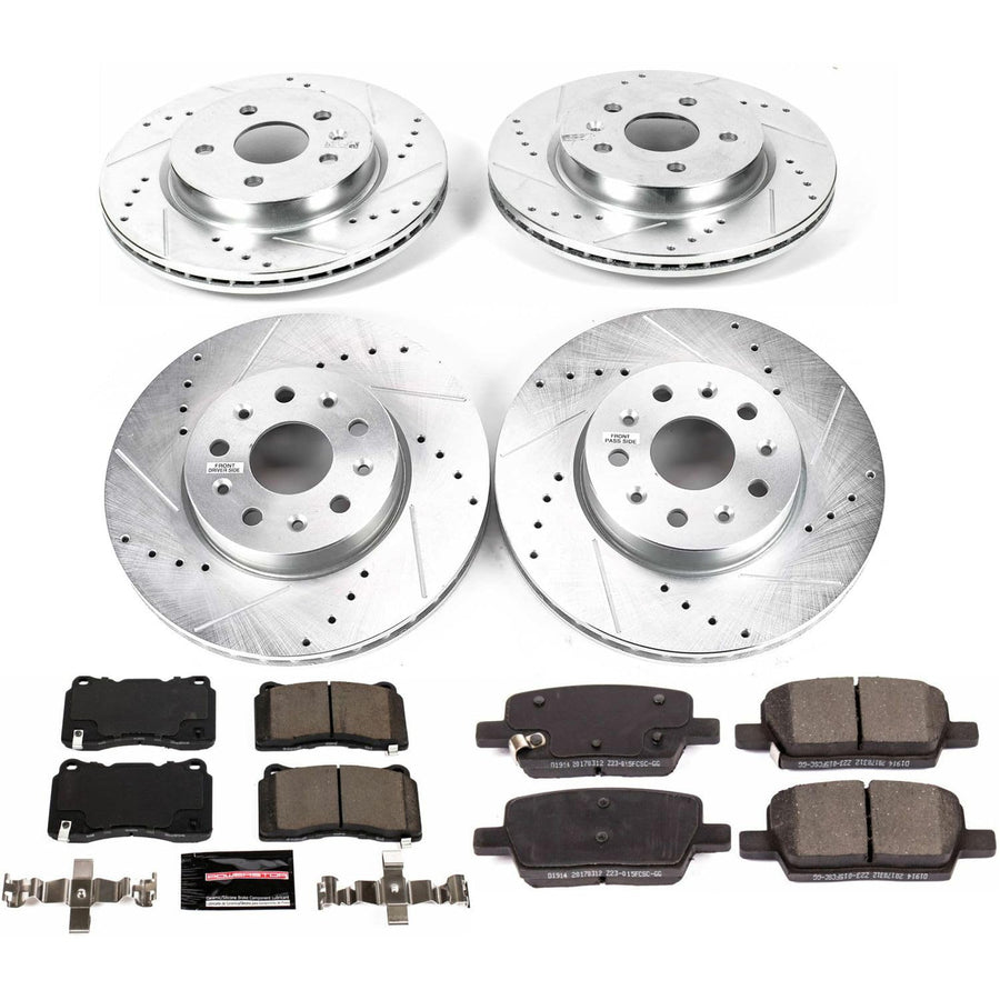 Power Stop K7908 Z23 Carbon Fiber Brake Pads Front and Rear with Drilled & Slotted Brake Rotors Kit For Cadillac CT6 2016-2019 [Model Specific]
