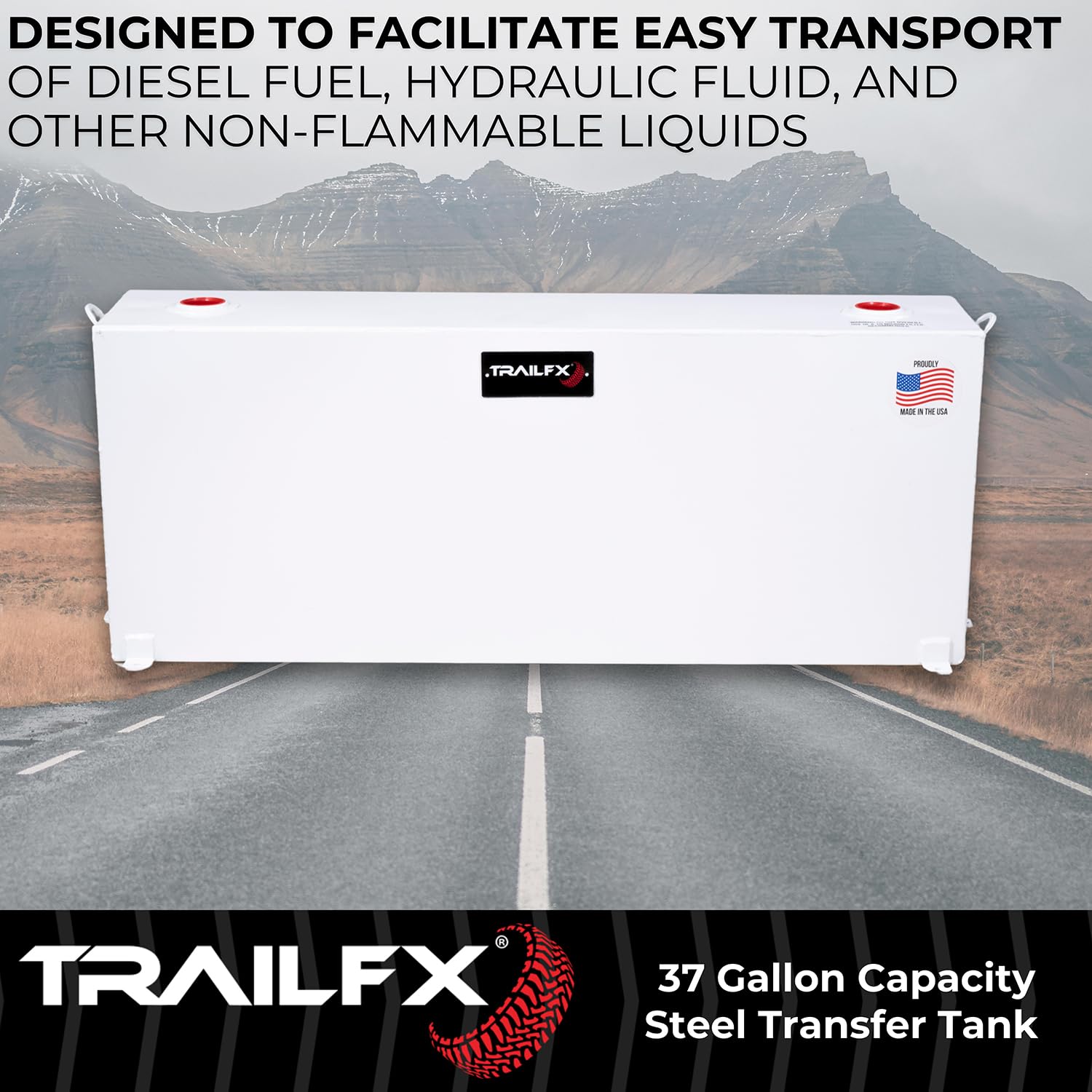 Liquid Transfer Tank TrailFX 21040SW 37 Gallon Capacity Rectangular Vertical Steel Tank Gloss White Powder Coat Vented Lockable Cap For Diesel and Non-Flammable Liquids