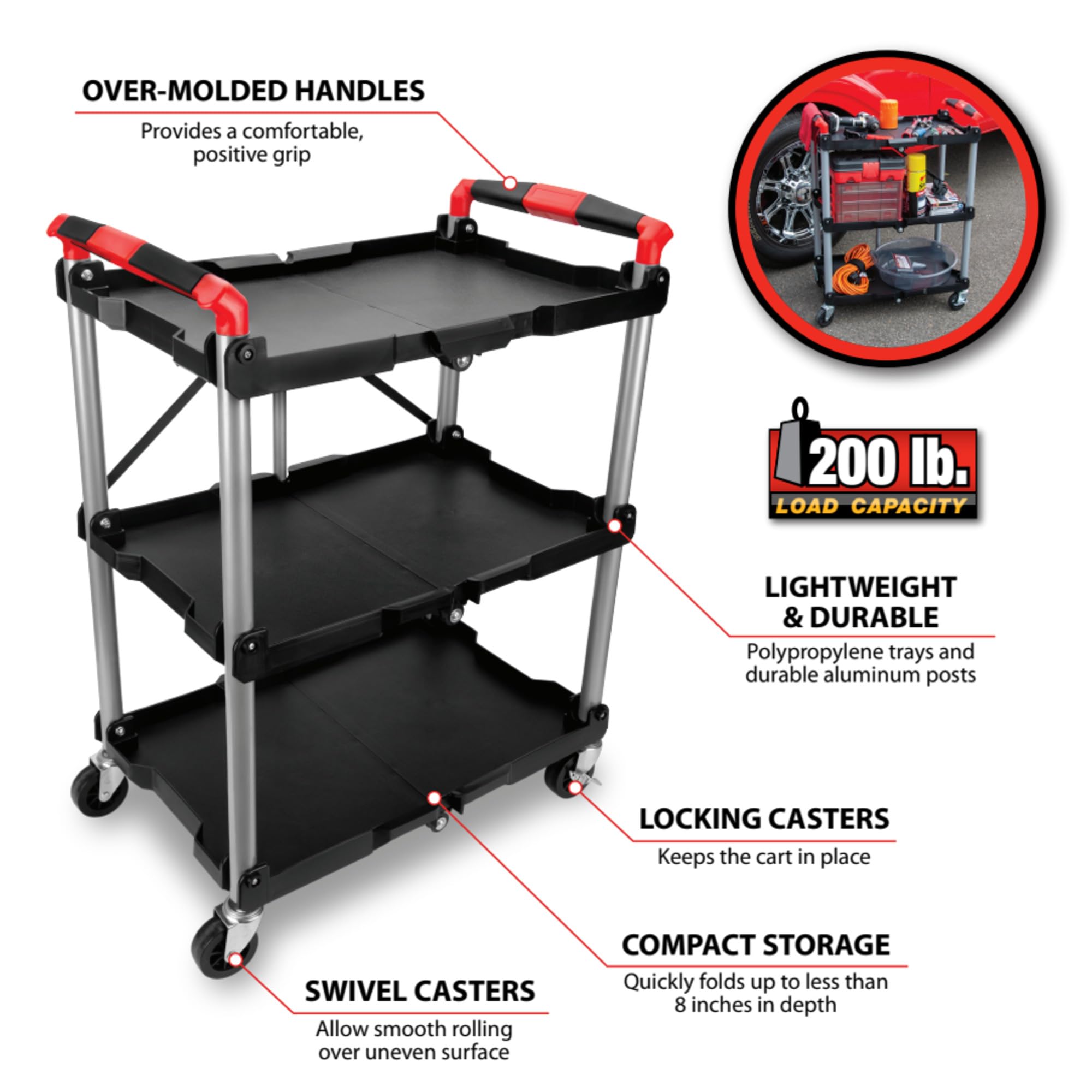 Folding Tool Cart Performance Tool W53990: 3-Shelf Rolling Cart, Collapsible, 200 lb Capacity, Aluminum Posts, Swivel Casters, No Assembly, Great for House, Home and Garage, Black
