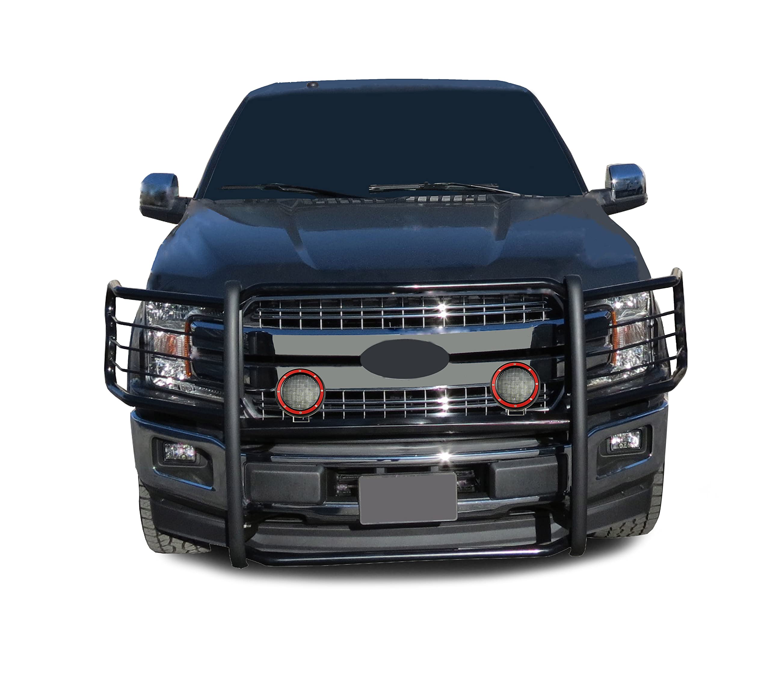 Bumper Guard Black Horse Grille brush Modular Come With Pair of 5.3" Dia.LED Lights with Red Trim Rings Compatible with 2015-2024 Ford F-150-17FP32MA-PLFR