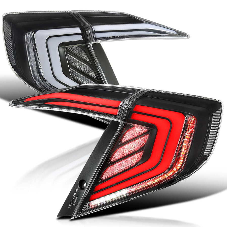 Black Tail Lights w/White LED Bars, SPEC-D TUNING Sequential LED Turn Signal, and Startup Animation Compatible with 2016-2021 Honda Civic 4-Door Sedan, Left + Right Pair Assembly