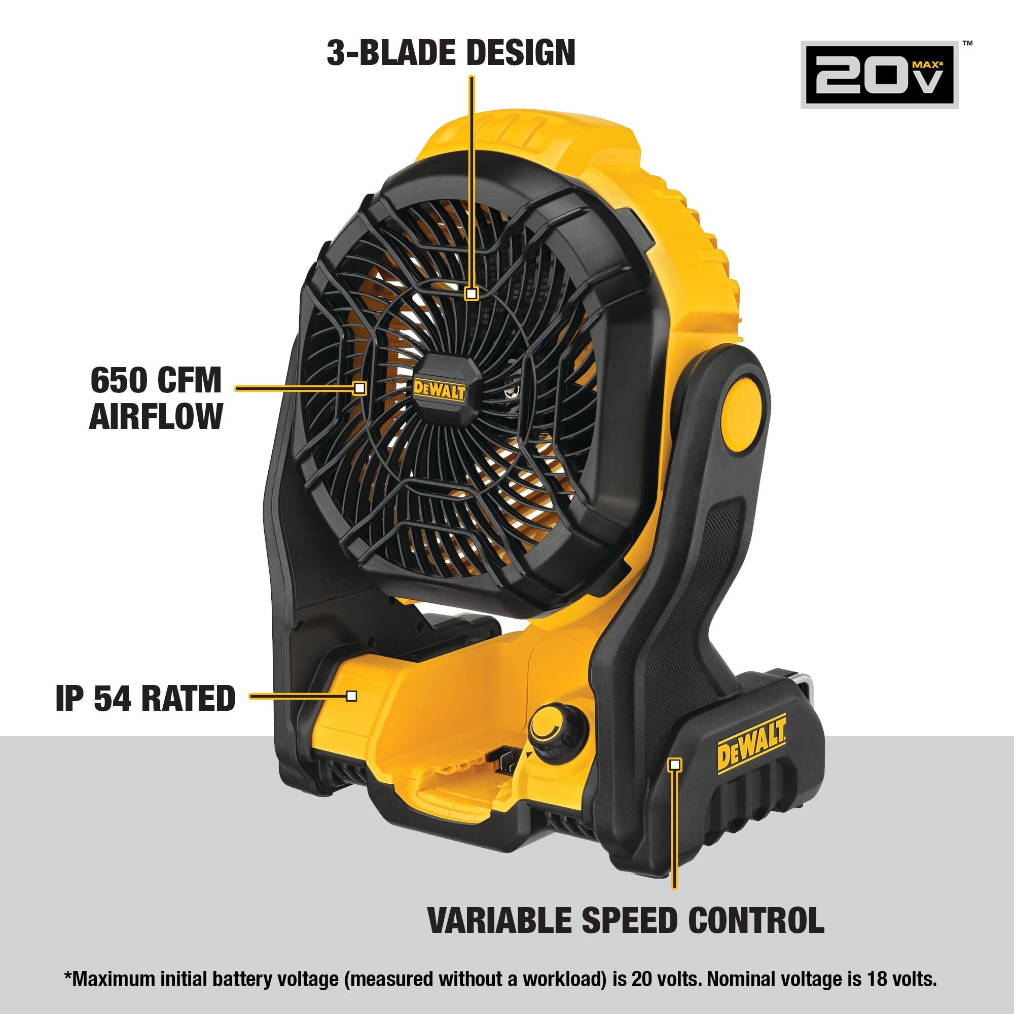 DEWALT Portable Fan 20V MAX, Battery Powered Rechargeable Cordless Shop Fan, Up to 4.5 Hrs Runtime, Variable Speed, 650 CFM, Tool Only (DCE512B)