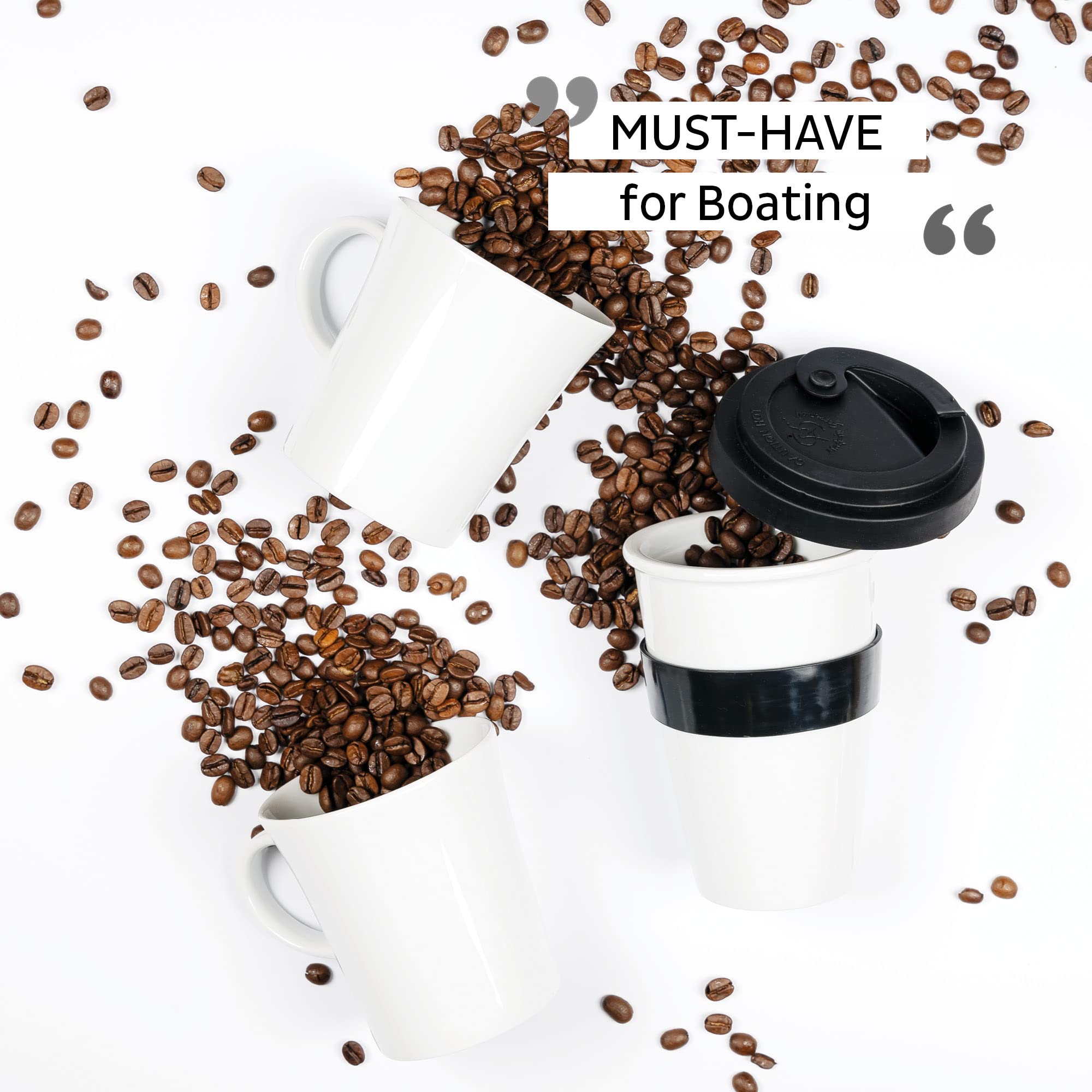silwy® Magnetic Handle Porcelain Cups (Set of 2) Includes Two Metal Nano Gel Pads Black - Non-Slip Camping and Caravanning Cups, Boat and Yacht Accessories