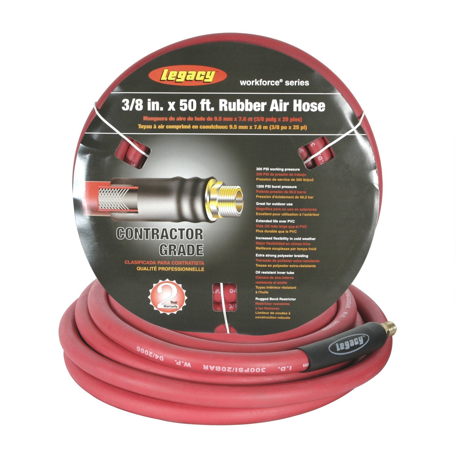 Air Hose Workforce, 3/8 in. x 50 ft., 1/4 Fittings, Rubber, Red - HRE3850RD2