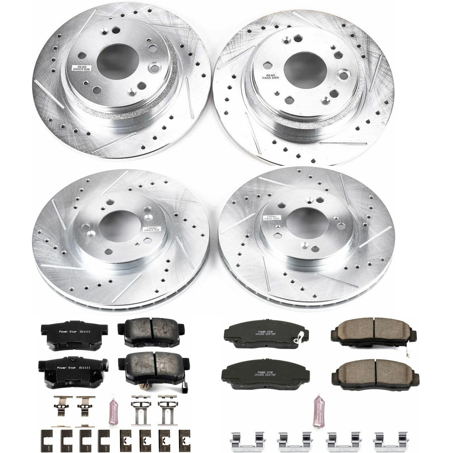 Power Stop K4271 Z23 Carbon Fiber Brake Pads Front and Rear with Drilled & Slotted Brake Rotors Kit For Acura RL 2002-2004 [Model Specific]