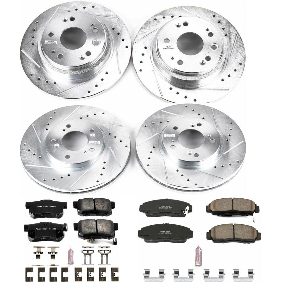 Power Stop K4271 Z23 Carbon Fiber Brake Pads Front and Rear with Drilled & Slotted Brake Rotors Kit For Acura RL 2002-2004 [Model Specific]