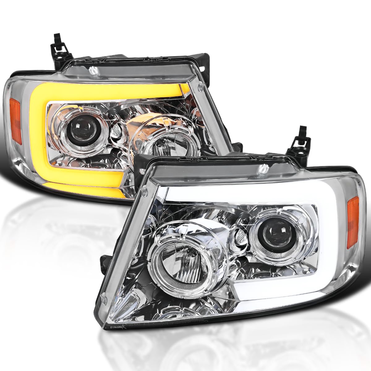 Chrome Projector Headlights SPEC-D TUNING w/Switchback Sequential Signal LED Tube Compatible with 2004-2008 Ford F150 2006-2008 Lincoln Mark LT, Left + Right Pair Headlamps Assembly