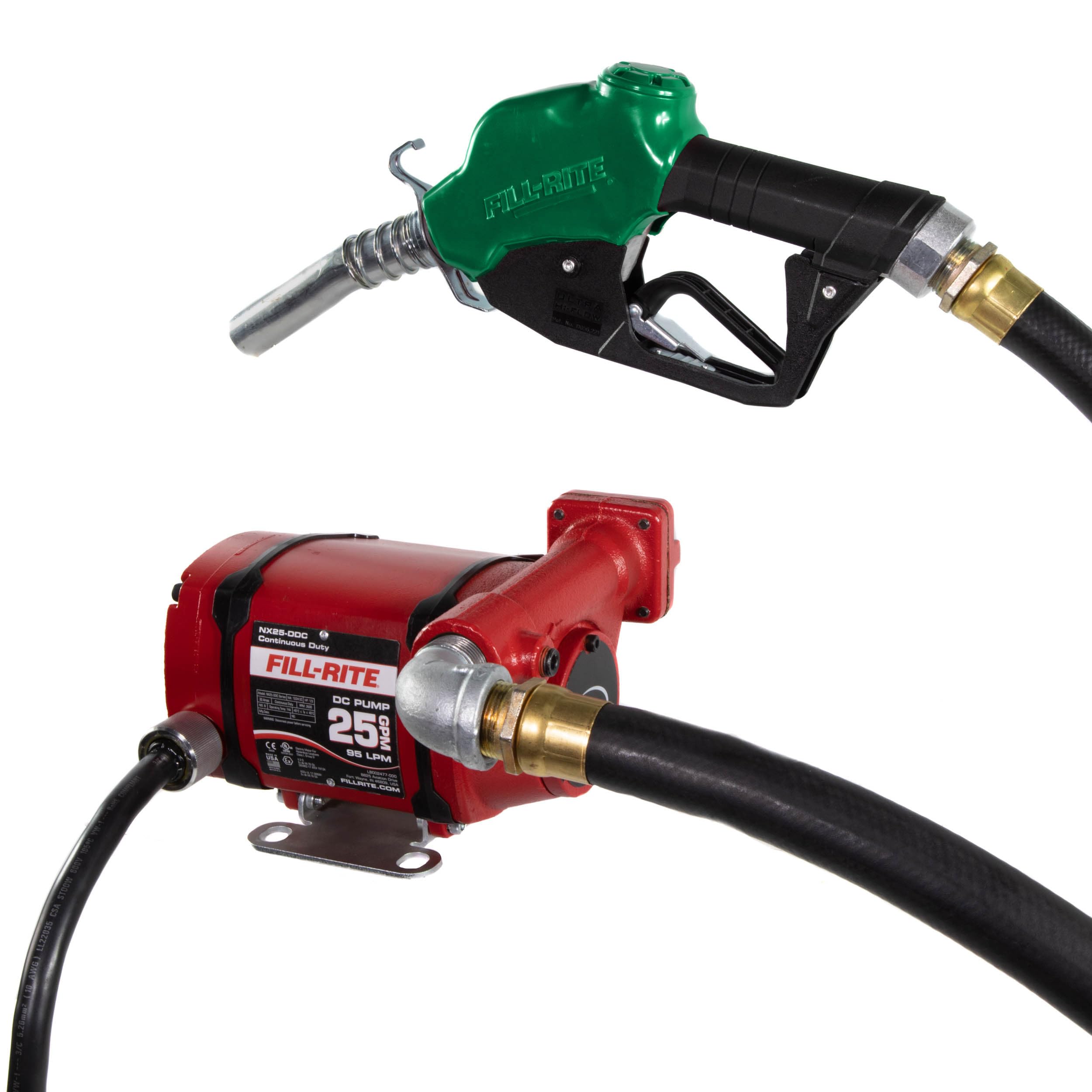 Fill-Rite Fuel Transfer Pump 12/24V DC 25 GPM with Nozzle - Foot Mounted - Energy-Efficient Fuel Transfer Pump for non stop Operation - Red - NX25-DDCNF-AA