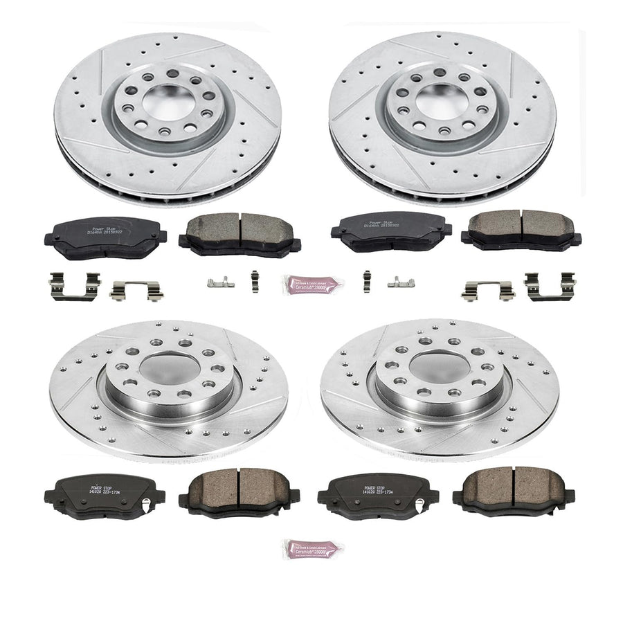 Power Stop K7288 Z23 Carbon Fiber Brake Pads Front and Rear with Drilled & Slotted Brake Rotors Kit For Chrysler 200 2015-2017 [Model Specific]