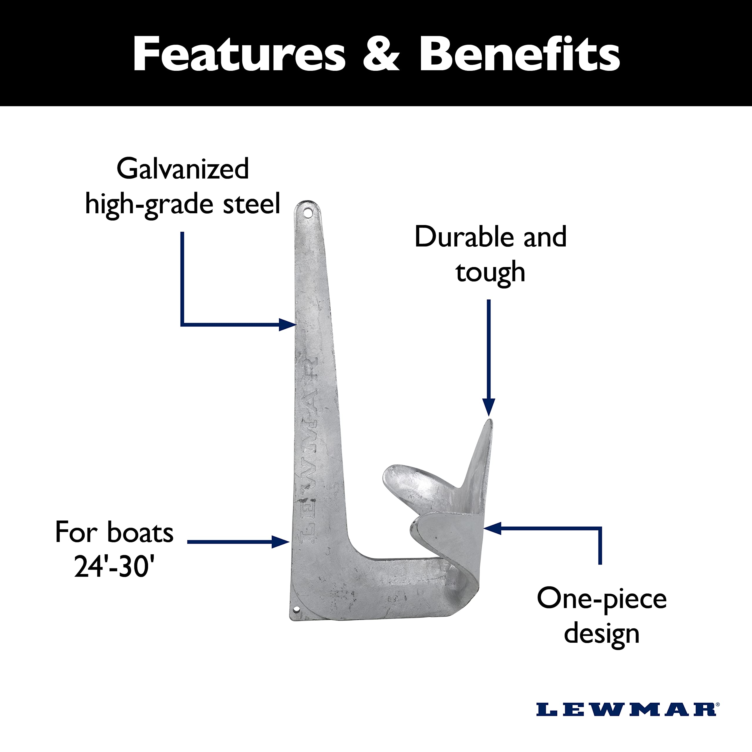 Galvanized Steel Lewmar Claw Anchor 4.4 lbs. for Boats 17'-23', Bruce-Style Claw for Quick Setting, Bow Roller Compatible, Measures 14-3/16” L x 9-7/16” W x 5-1/4” H - 2020202242