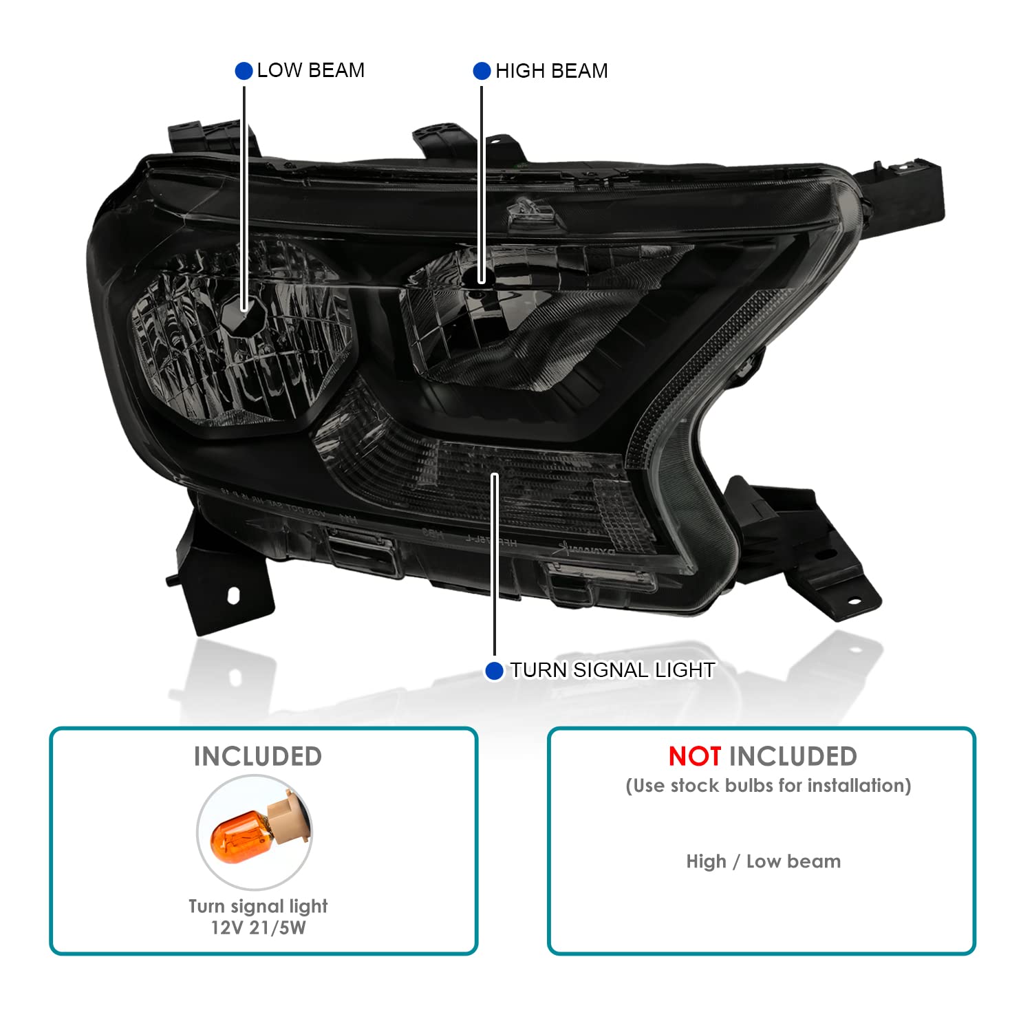 Black Housing Spec-D Tuning Smoke Lens Headlights Compatible with Ford Ranger XL/XLT 2019-2021, L+R Pair Head Lights Lamps