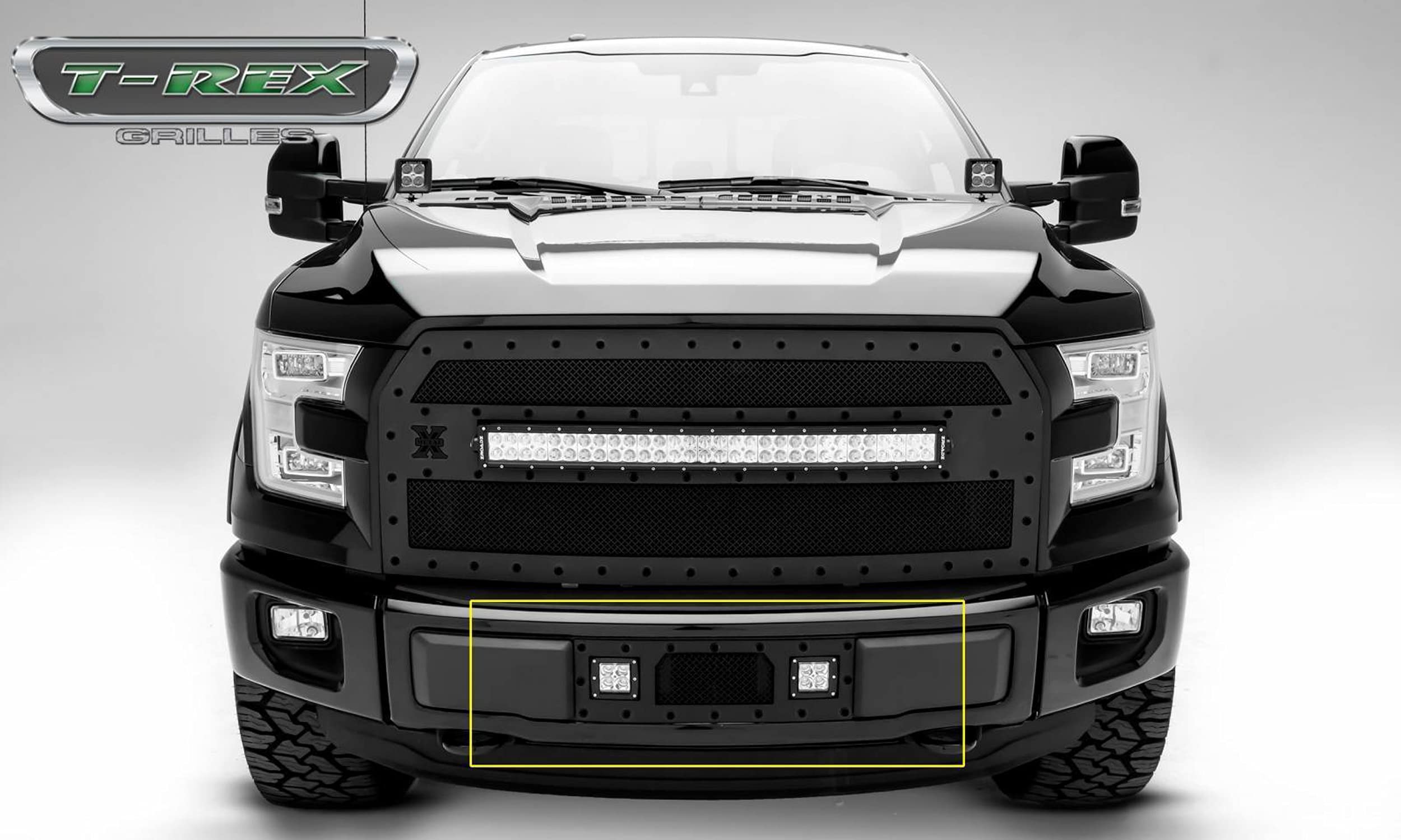 2015-2017 F-150 T-Rex Grilles Stealth Torch Bumper Grille, Black, 1 Pc, Insert, Black Studs with (2) 3" LED Cube Lights - PN #6325731-BR