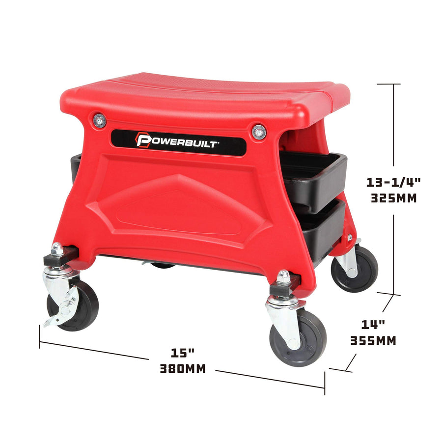 Powerbuilt Garage Seat Rolling with Tool Trays, Smooth Ball Wheel Bearing Casters 300 Pound Capacity Stool, Detailing, Motorcycle, Gardening - 240283