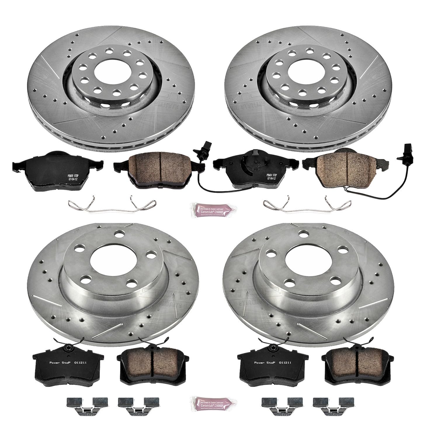 Power Stop K639 Z23 Carbon Fiber Brake Pads Front and Rear with Drilled & Slotted Brake Rotors Kit For Audi A6 Quattro 1998-2004 [Model Specific]