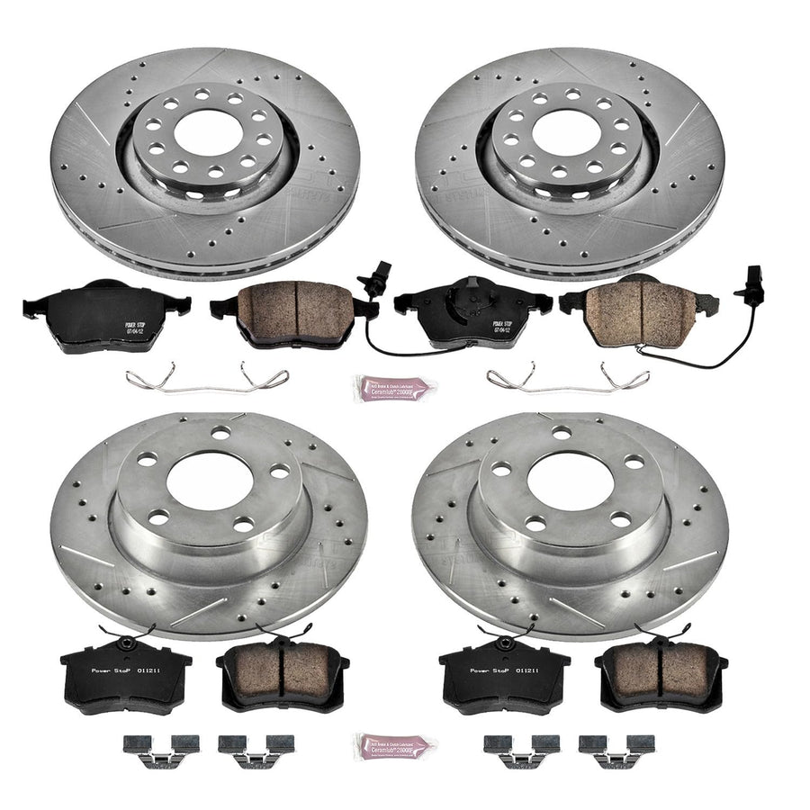 Power Stop K639 Z23 Carbon Fiber Brake Pads Front and Rear with Drilled & Slotted Brake Rotors Kit For Audi A6 Quattro 1998-2004 [Model Specific]