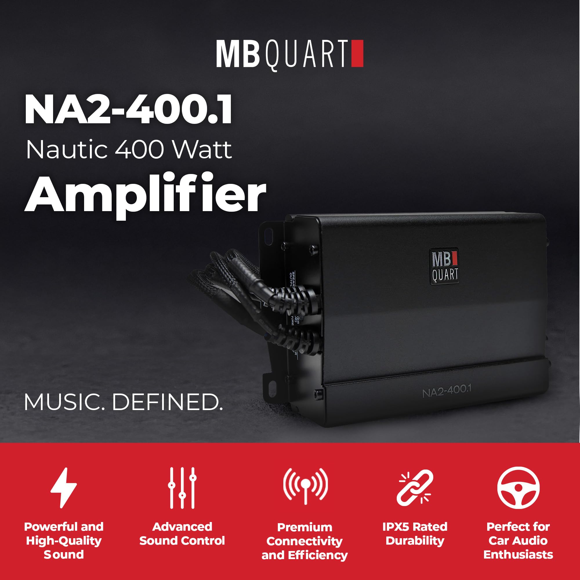 MB Quart Nautic Marine Powersports 1 Channel 400 Watt Maximum Power Full Range Class D Amplifier with PWM MOSFET Power, Black