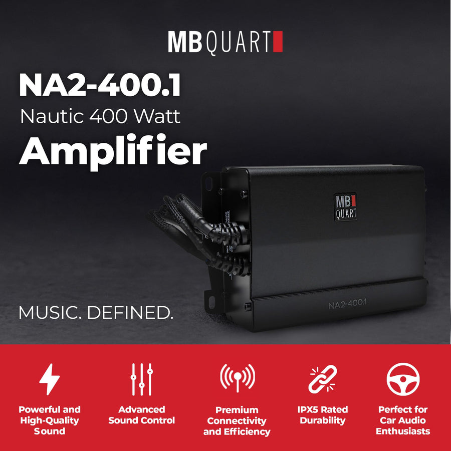 MB Quart Nautic Marine Powersports 1 Channel 400 Watt Maximum Power Full Range Class D Amplifier with PWM MOSFET Power, Black