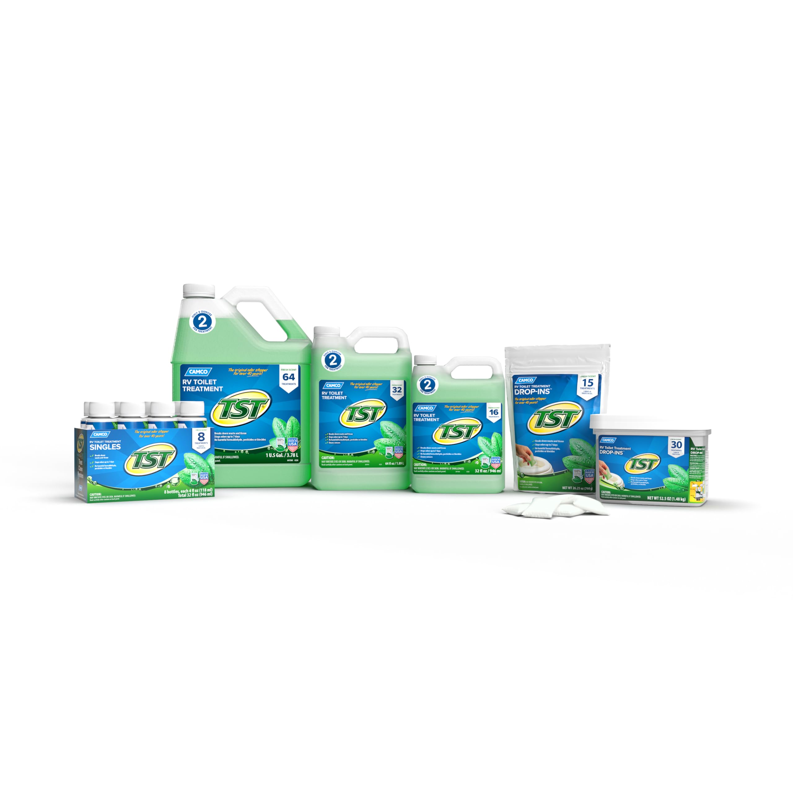 Camco TST Drop-INs RV Toilet Treatment - Control Unwanted Odors and Break Down Waste and Tissue - Safe Septic Tank Treatment - Fresh Scent - 30-Pack (40263)