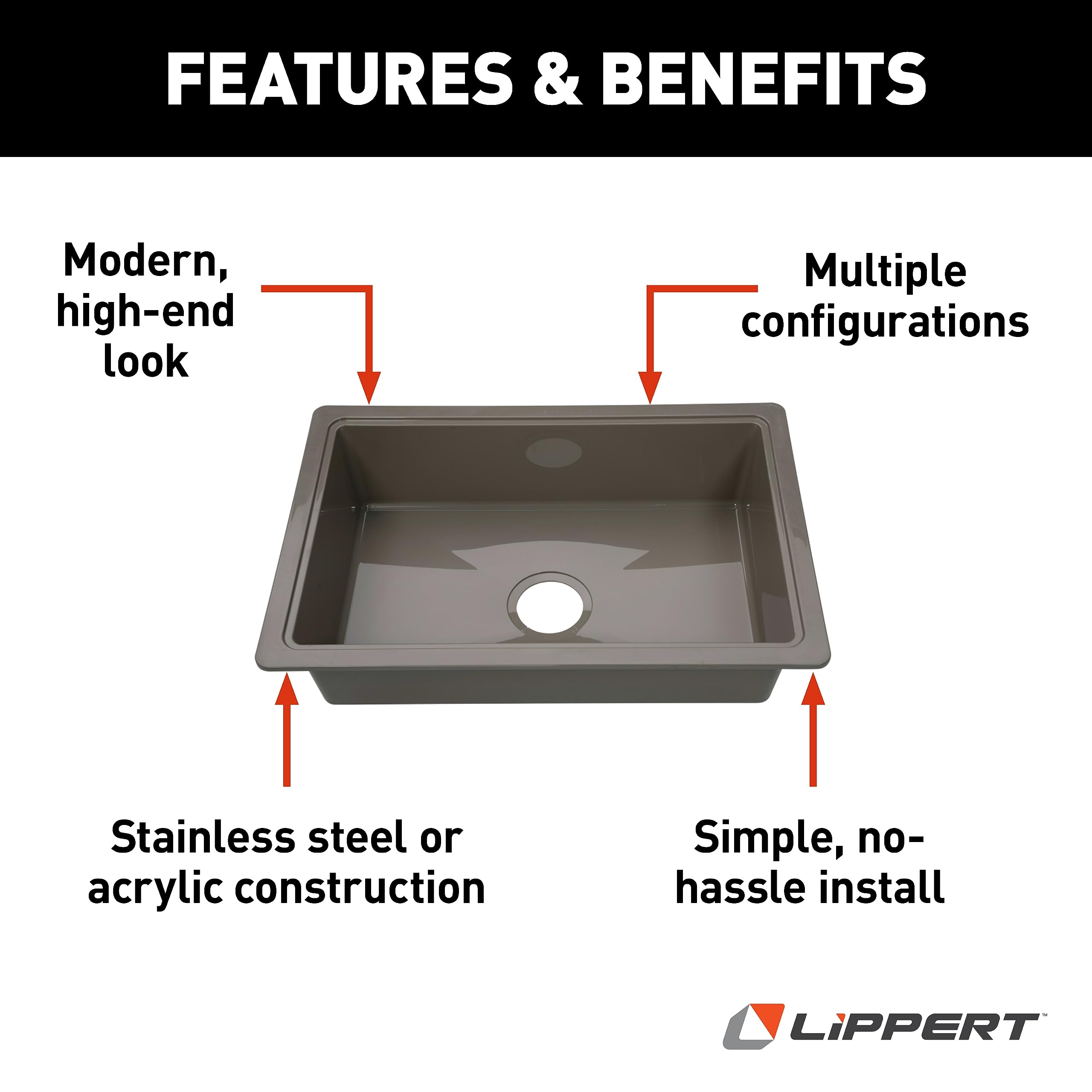 25" x 17" x 6.6" RV Kitchen Single Galley Sink - Stainless Steel Color ABS Plastic for 5th Wheel, Travel Trailer, Camper