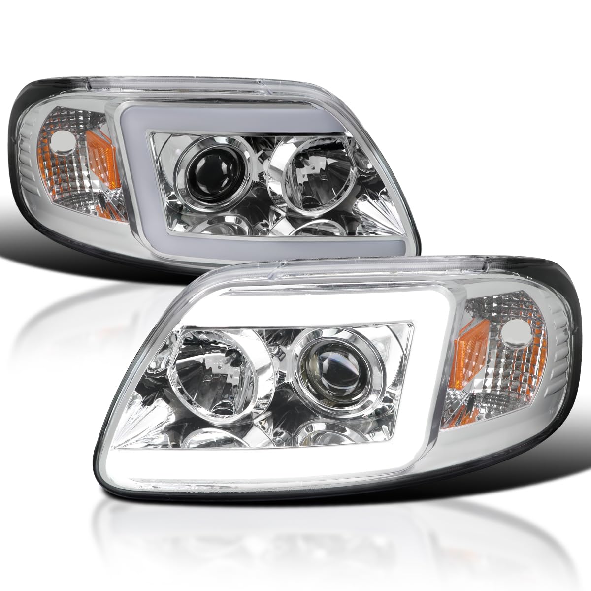 Chrome Projector Headlights SPEC-D TUNING w/LED Light Bar Compatible with 1997-2003 Ford F-150, 2004 Ford F-150 Heritage, Left + Right Pair Headlamps Assembly