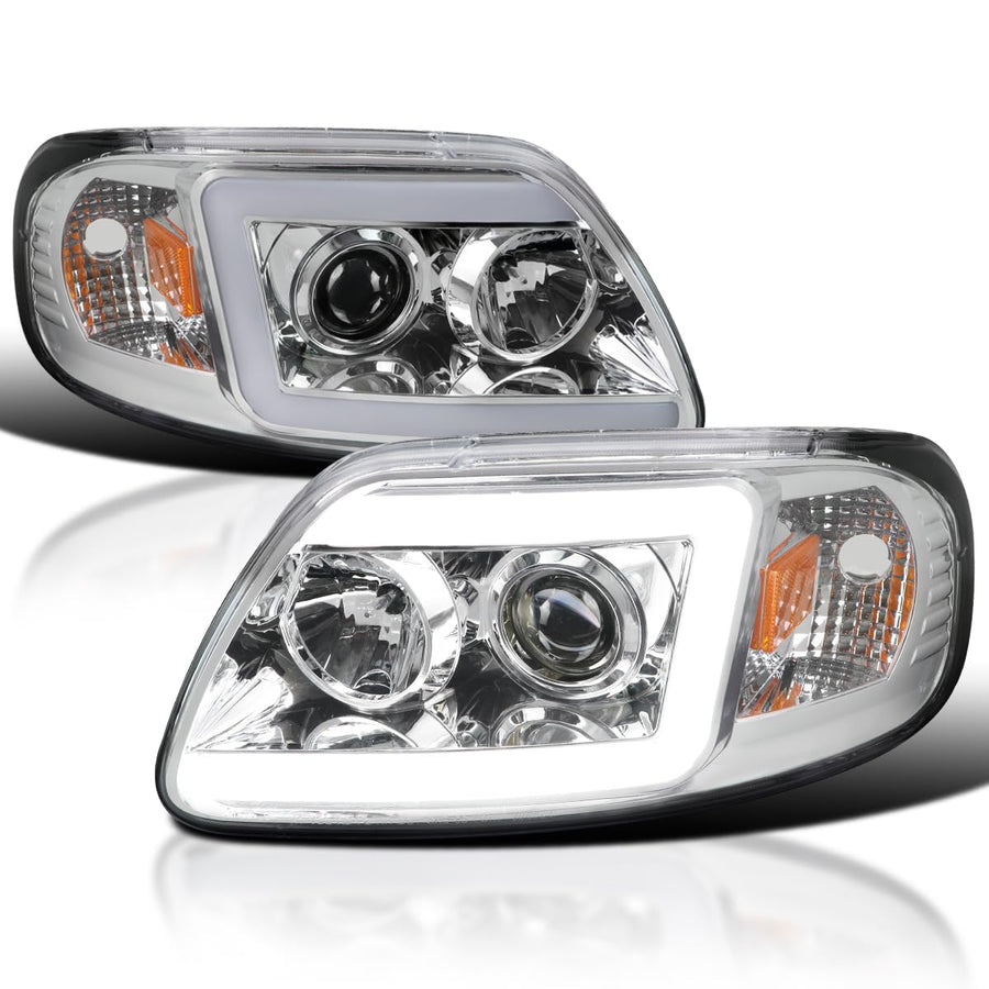 Chrome Projector Headlights SPEC-D TUNING w/LED Light Bar Compatible with 1997-2003 Ford F-150, 2004 Ford F-150 Heritage, Left + Right Pair Headlamps Assembly