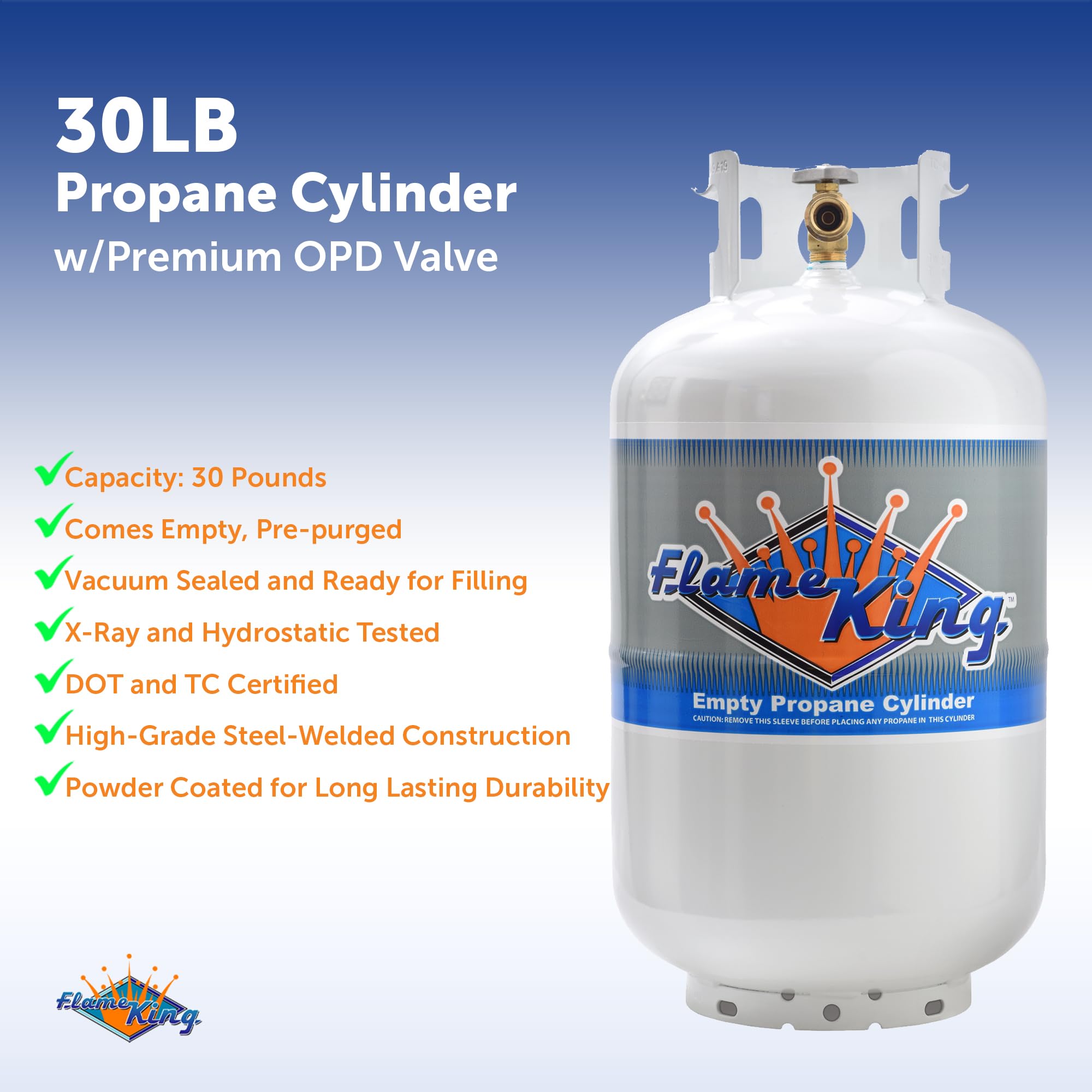 30 Pound Flame King YSN-301 Steel Propane Tank Cylinder with Type 1 Overflow Protection Device Valve DOT and TC Compliant
