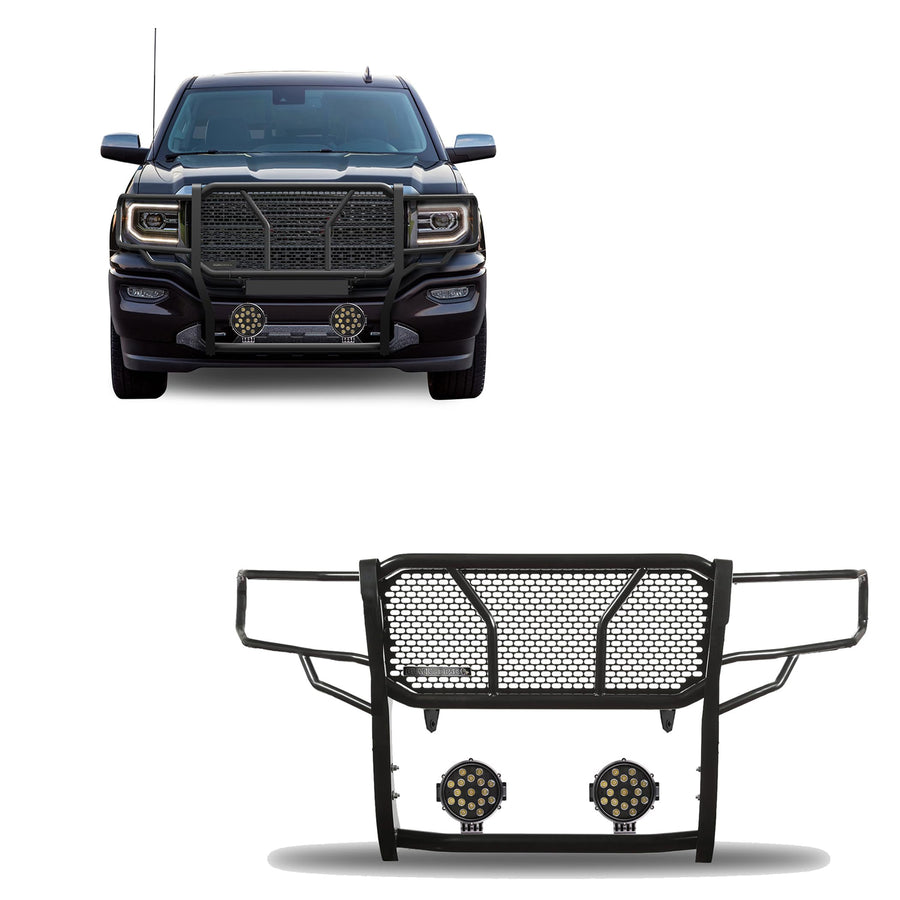 Heavy Duty Black Horse Rugged Grille Brush Bumper Guard Modular Black Come with Pair of 7.0" Dia.LED Lights Compatible with 2014-2018 Sierra 1500|2019-2022 Sierra 1500 Limited-RU-GMSI14-B-PLB