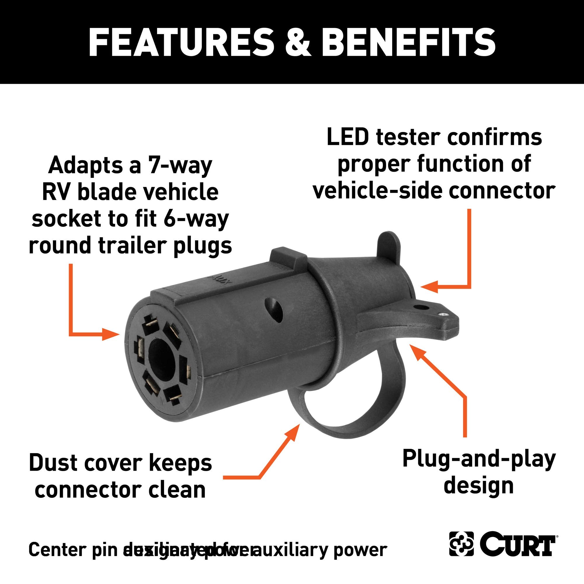 CURT 57255 6-Way Round Trailer Wiring Adapter to 7-Way RV Blade Vehicle-Side with Tester, Center Pin Auxiliary Power