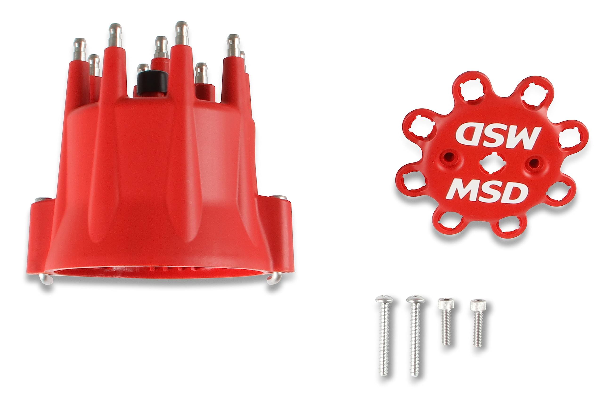 Red MSD 8433 V8 Distributor Cap With HEI Terminals and Spark Plug Wire Retainer