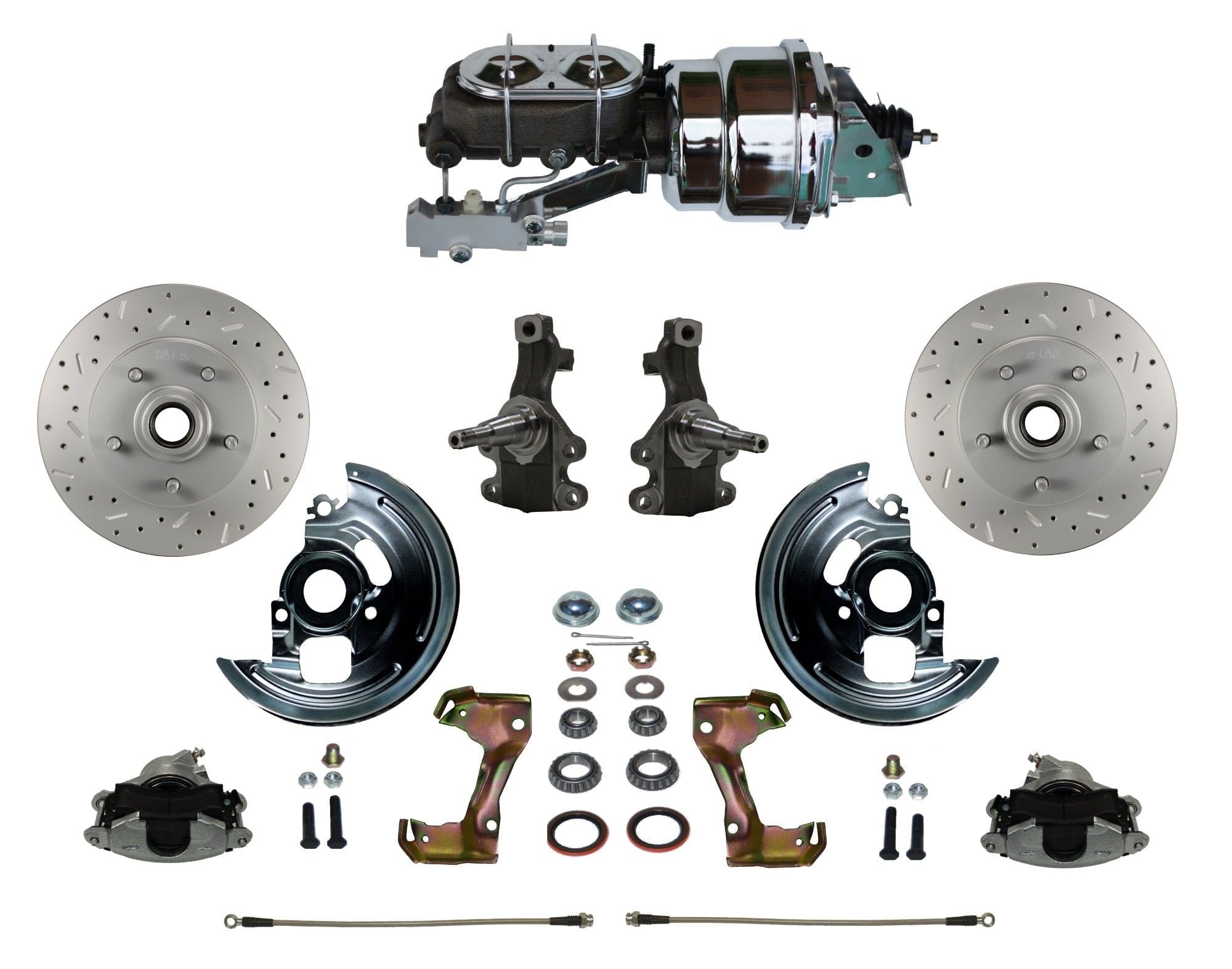 Power Front Disc Brake Conversion Kit LEED BRAKES 2" Drop Spindles Cross Drilled And Slotted Rotors With 7" Dual Chrome Booster Cast Iron Chrome Top M/C Disc/Drum Side Mount