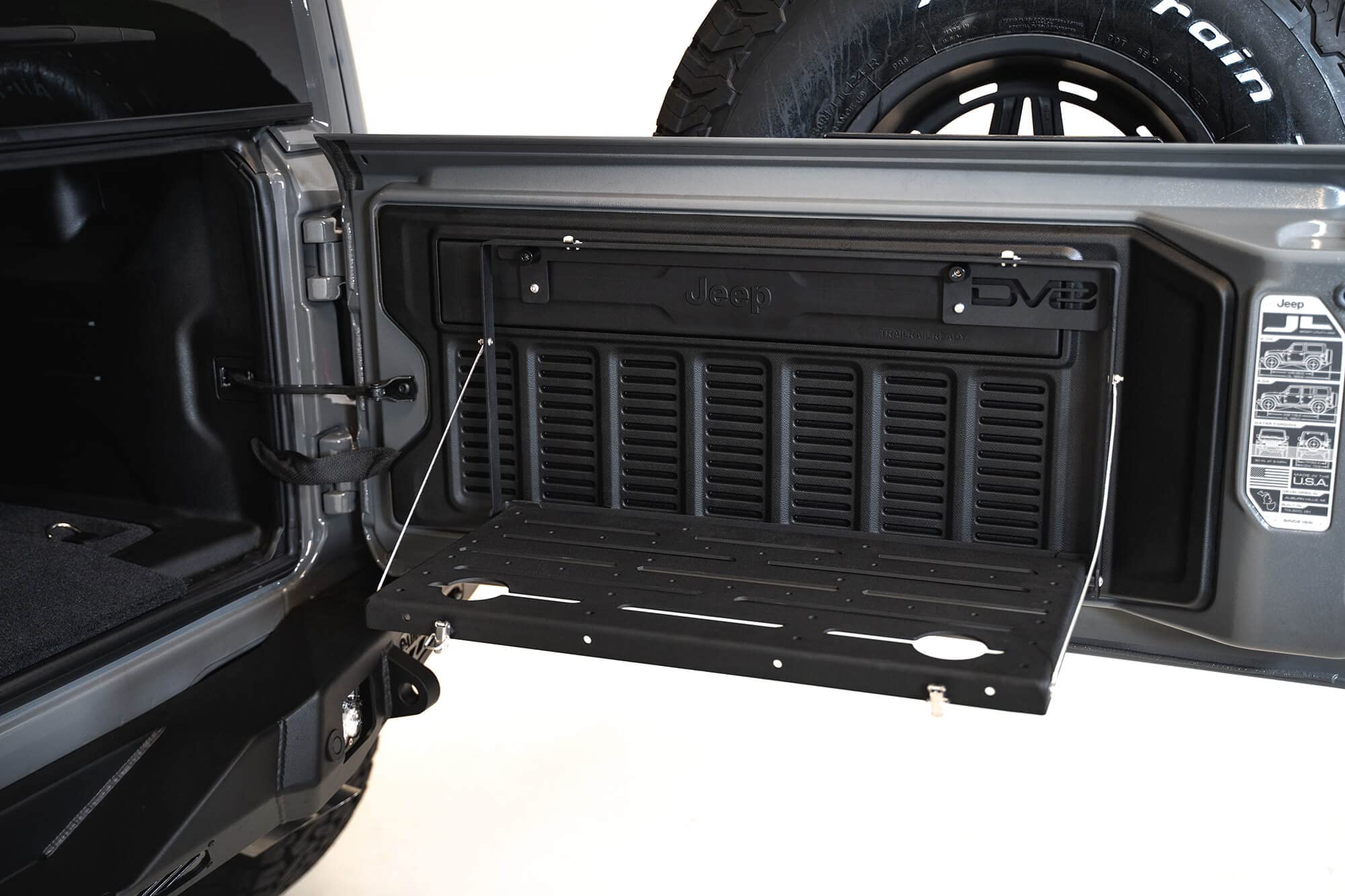 TTJL-01 | DV8 Offroad | Trail Table fits 2018-Current Wrangler JL | Space Saving Design | Mounts to Tailgate | Convenient Work Space | Rattle Free Design | Black Finish