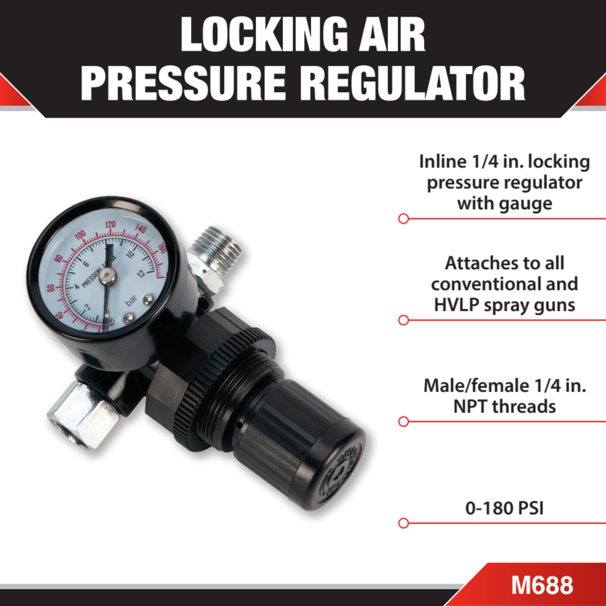 M688 Performance Tool Inline Locking Pressure Regulator with Gauge for Conventional and HVLP Spray Guns - 1/4 NPT, 0-180 PSI
