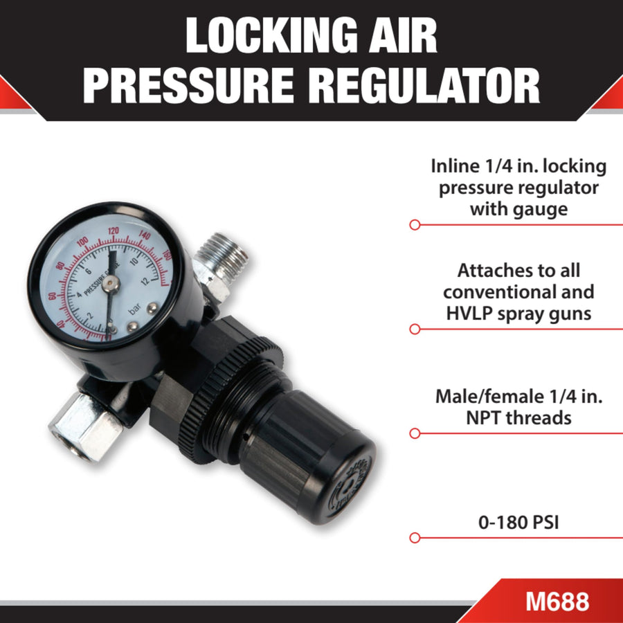 M688 Performance Tool Inline Locking Pressure Regulator with Gauge for Conventional and HVLP Spray Guns - 1/4 NPT, 0-180 PSI