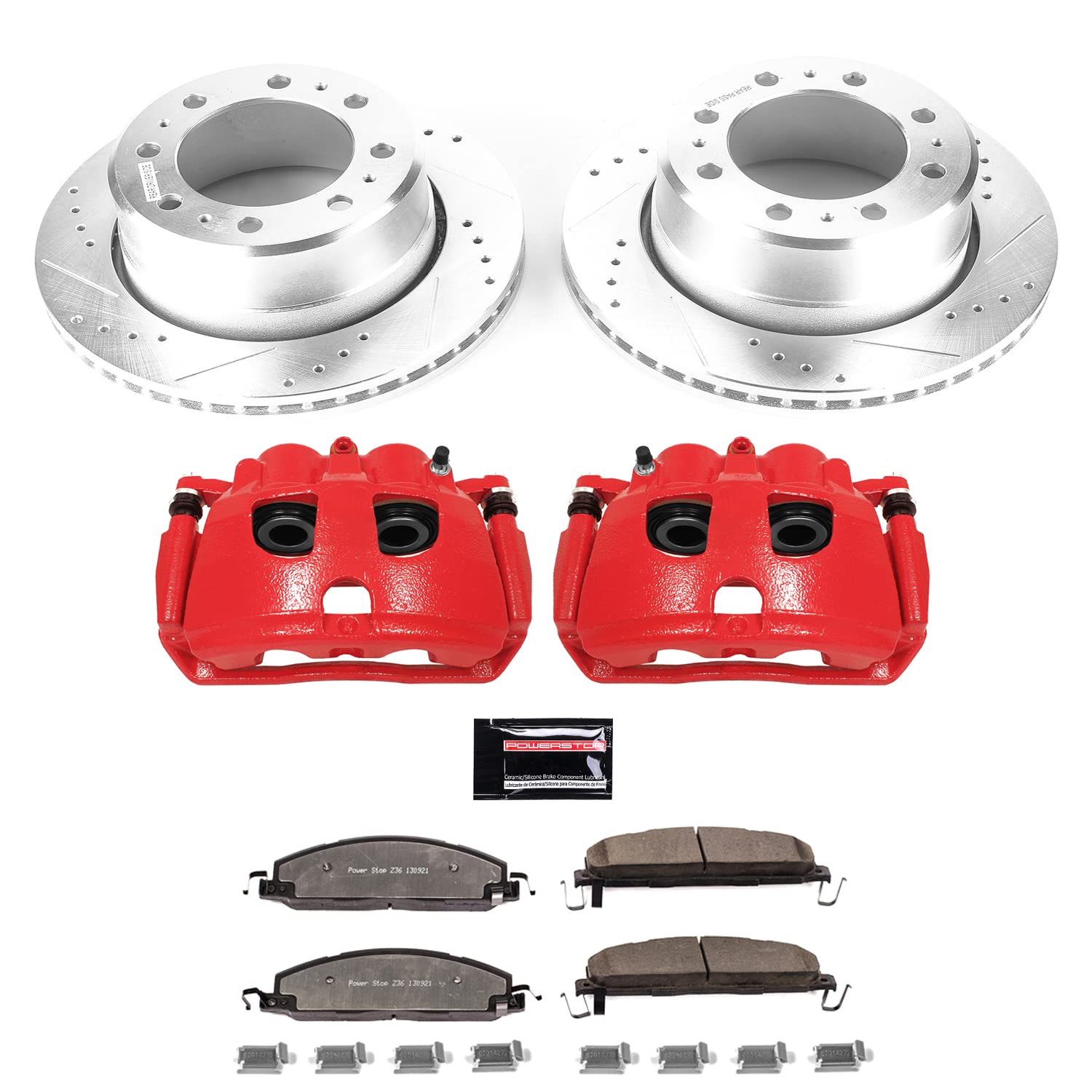 Power Stop Rear KC7131-36 Z36 Truck & Tow Brake Pad and Rotor Kit with Red Powder Coated Calipers For Ram 3500 2013-2018 [Model Specific]