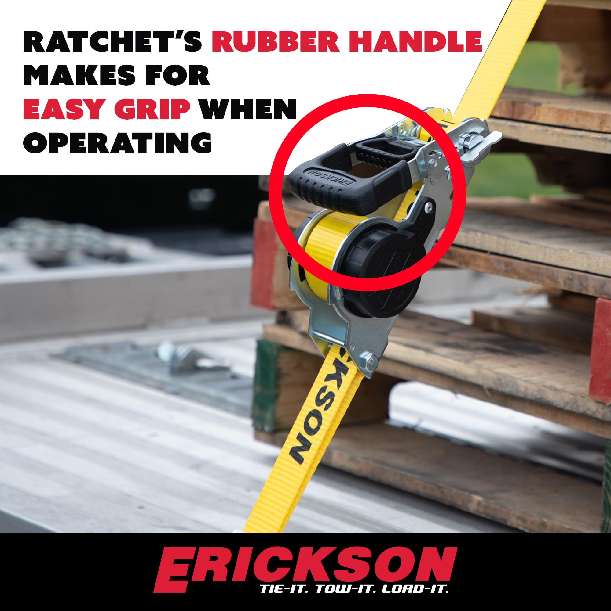 Retractable Erickson Ratchet Tie Down Strap - 1.5 in x 16 ft - 5,000 lb Break Strength, Self-Locking Mechanism, Heavy-Duty Yellow Polyester Webbing for Trucks, Trailers, ATVs, UTVs