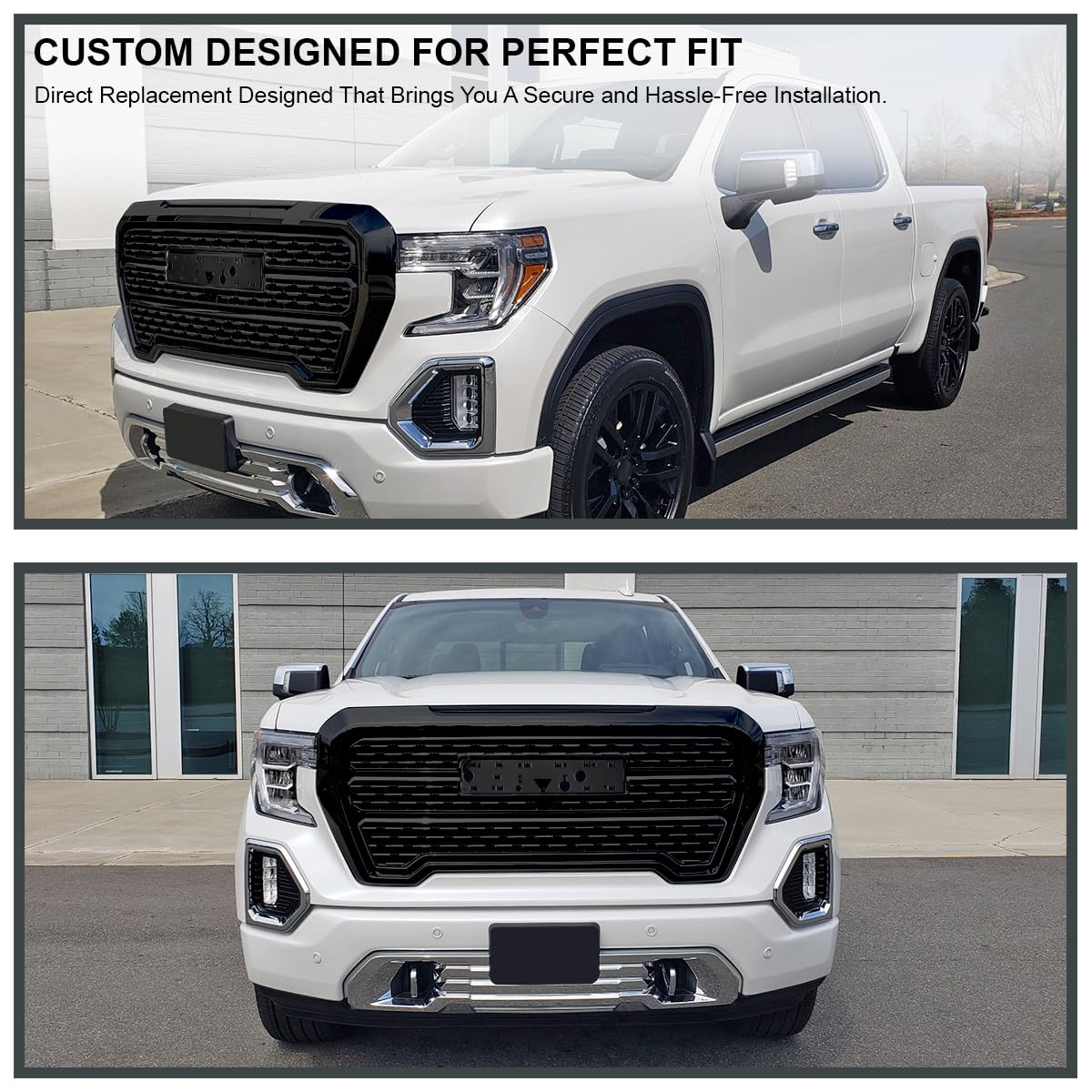 Polished Black Spec-D Tuning Denali Style Front Bumper Hood Upper Grill Grille Compatible with 2019-2021 GMC Sierra 1500