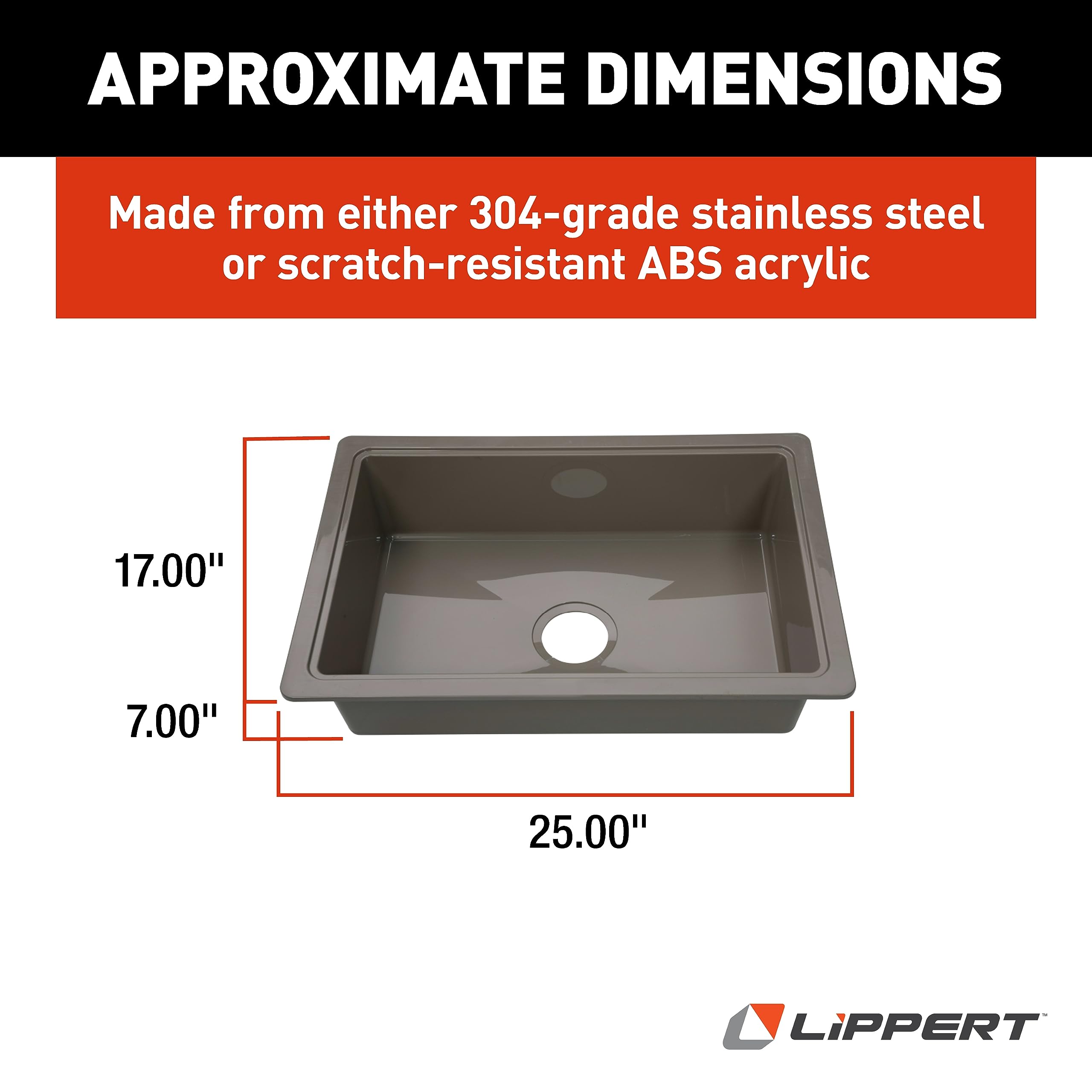 25" x 17" x 6.6" RV Kitchen Single Galley Sink - Stainless Steel Color ABS Plastic for 5th Wheel, Travel Trailer, Camper