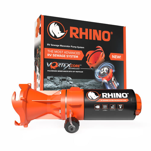 Camco Rhino Sewer Camper/RV Macerator Pump System - VortexCore Technology Grinds Sewer Waste into 1/8” Pieces - Versatile for Any Location - 4-in1 Adapter, Self-Priming Pump & 15’ Water Hose (39040)