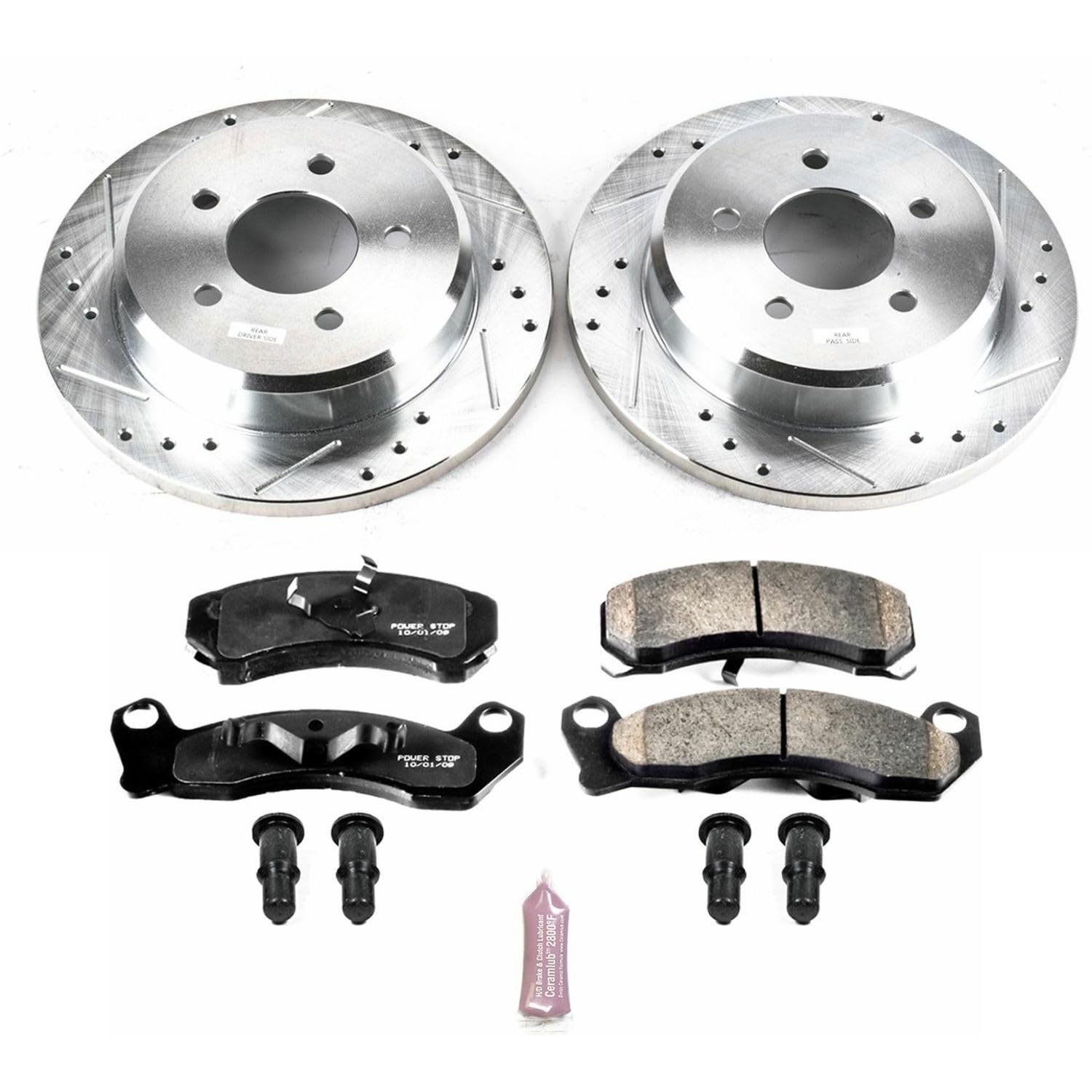 Power Stop K3021 Z23 Carbon Fiber Brake Pads Front with Drilled & Slotted Brake Rotors Kit For Ford Mustang 1993 [Model Specific]