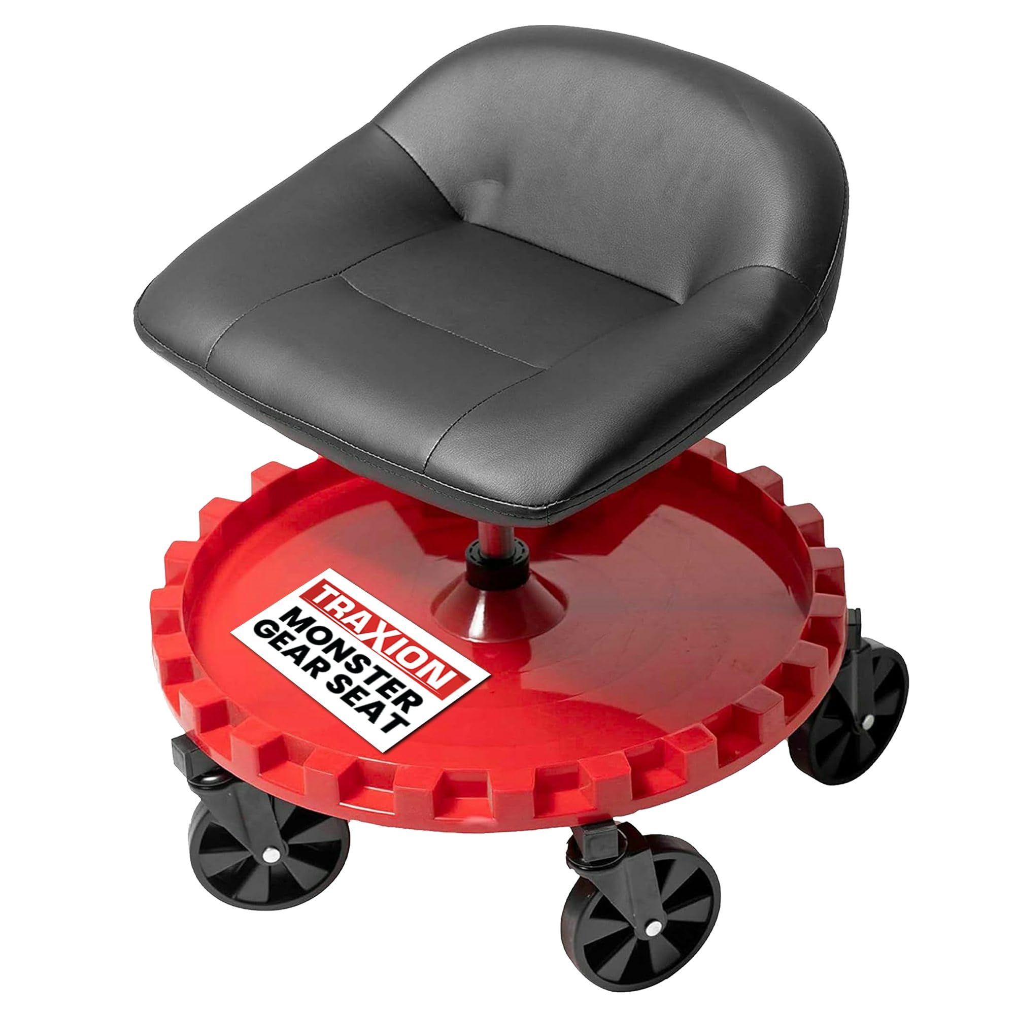 Monster Traxion 2-230 Rolling Padded Mechanic Stool Seat Garage Shop Roller Work Chair with Wheels and Tool Tray, Heavy-Duty 400-lb Capacity, All-Terrain 5" Casters, Black Red