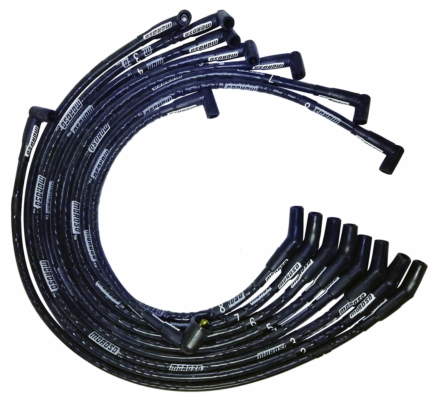 Moroso Ultra Series Black Sleeved Spark Plug Wires, Big Block Ford 429/460/390/351C, HEI Distributor, 135 Degree Plug Ends