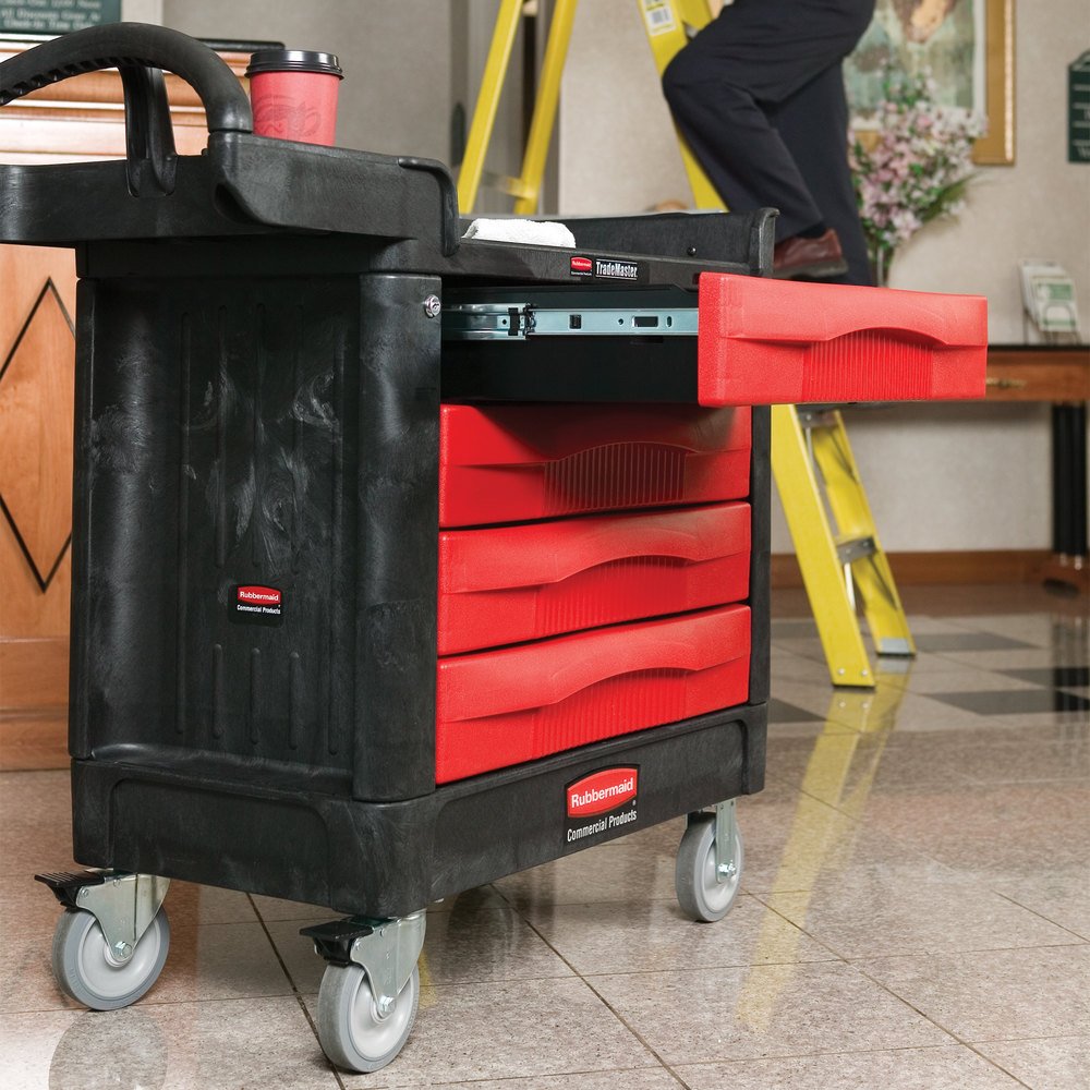 Rubbermaid Commercial Products Tool Storage TradeMaster Utility Cart 4 Drawers 500 lb. Capacity Black for Warehouse/Garage/Cleaning/Maintenance