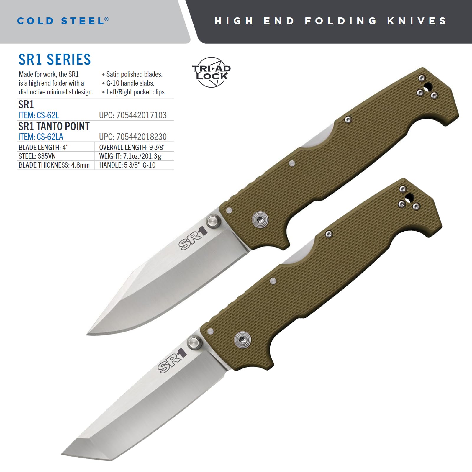 SR1 COLD STEEL S35VN Steel 4" Tanto Point Blade G-10 Handle Folding Knife with Tri-Ad Locking Mechanism and Pocket/Belt Clip