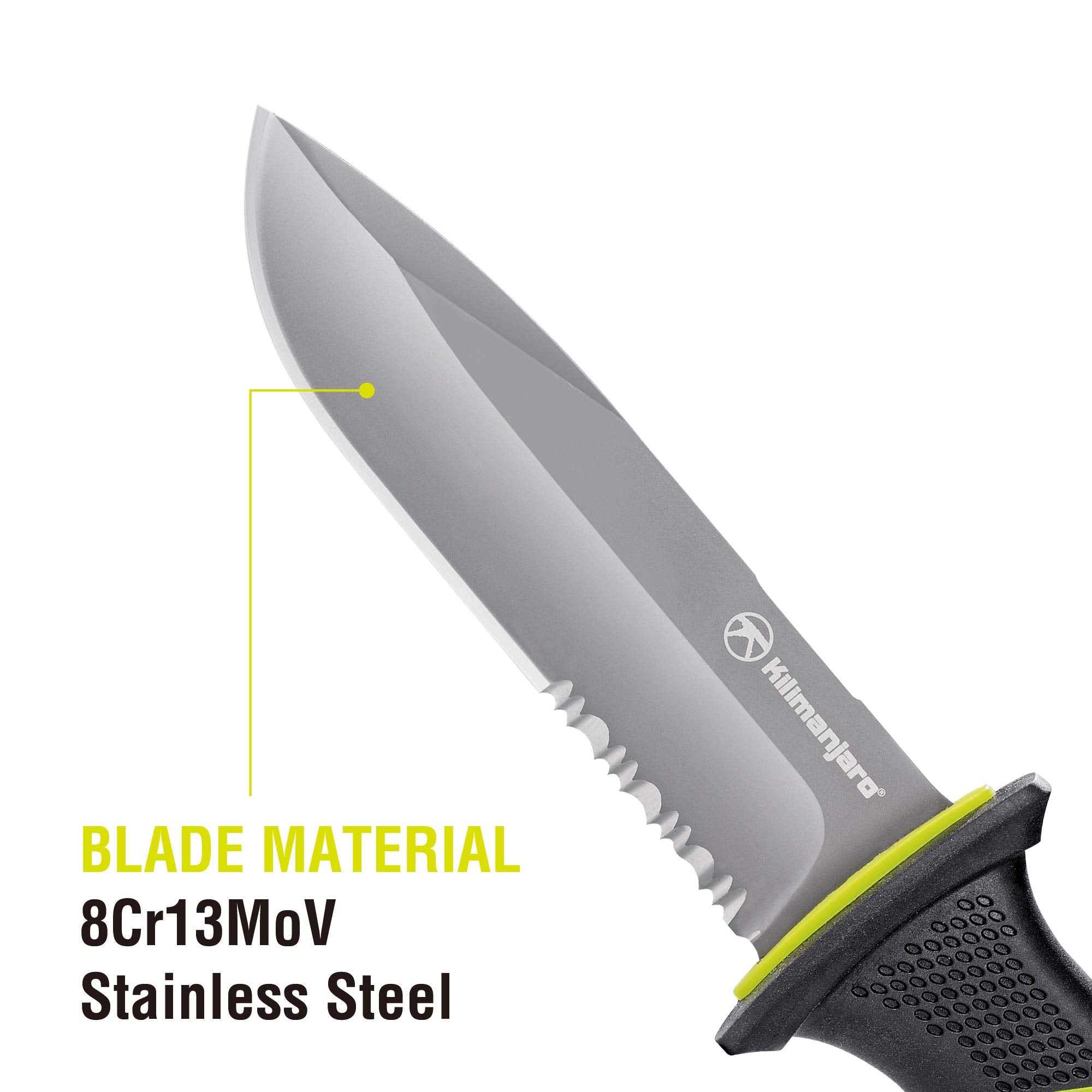 Kilimanjaro 10 Inch Kibo Fixed Blade Knife – 8Cr13MoV Semi-Serrated Stainless Steel Drop Point Blade, Rubberized High-Grip Handle, MOLLE Sheath, Outdoor Survival Hunting Knife – 910091