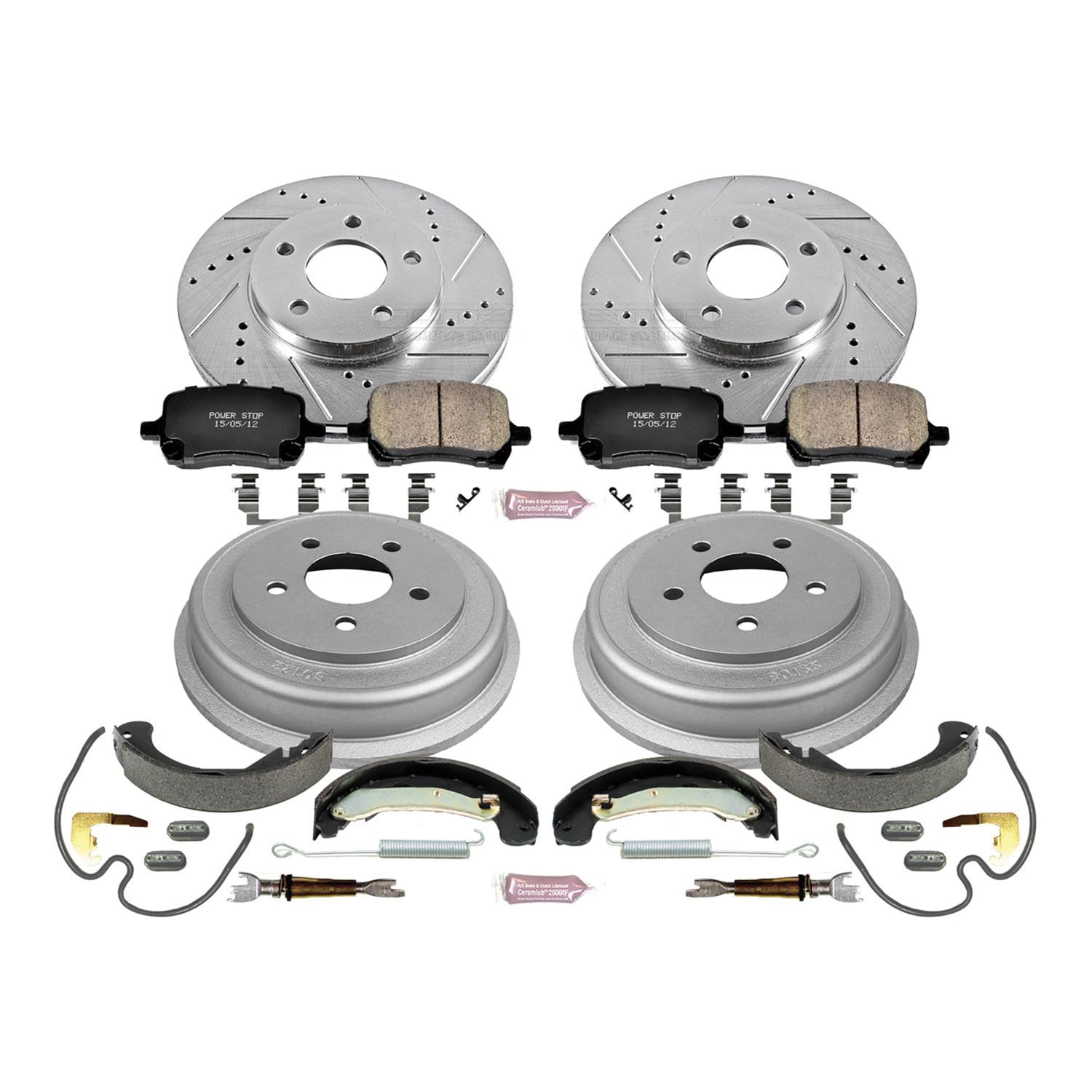 Power Stop K15222DK Z23 Carbon Fiber Brake Pads Front and Rear with Drilled & Slotted Brake Drums Kit For Chevrolet HHR 2006-2007 [Model Specific]