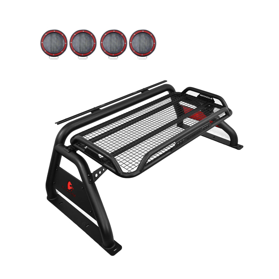 Atlas Roll Bar Black Incl. Set of 5.3" Dia.LED Lights w/Red Trim Rings Compatible with 2005-2021 Nissan Frontier-ATRB-NIFRB-PLFR